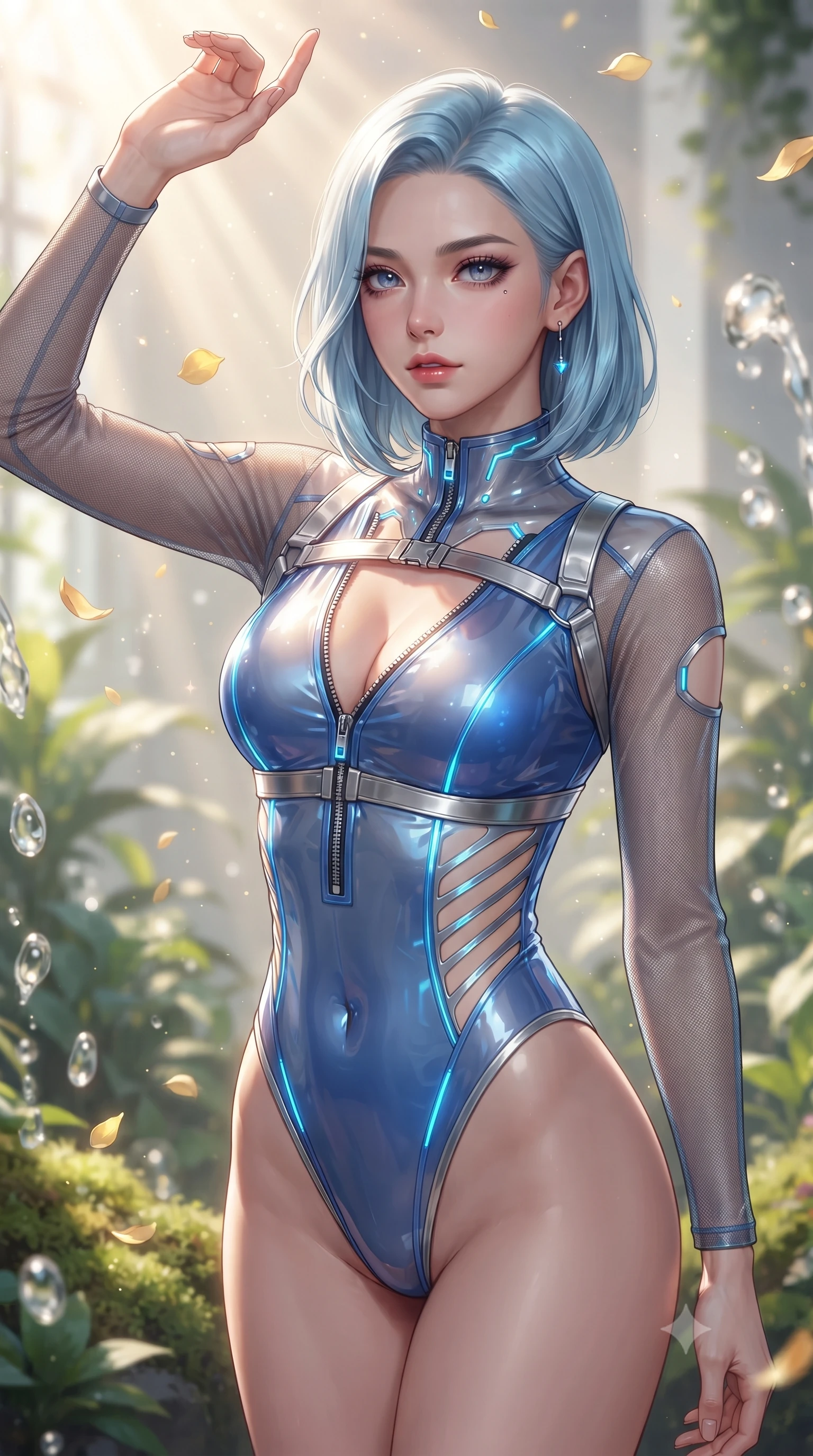 score_9, masterpiece, best quality, ultra-detailed, high-budget anime keyframe, editorial fashion photography, tasteful artistic composition, Korean woman. close-up cowboy shot from the waist and thighs up, the character dominates the composition, filling the frame with her large presence. gazing directly into the lens with bedroom eyes and a breathtaking, dangerous allure that commands the entire composition while reaching one arm gracefully toward the streaming sunlight as golden flower petals float past in the warm air. The composition keeps background elements in soft focus with creamy bokeh. streaming sunbeams and fountain water droplets softened in a dreamy, warm depth of field. She has an exceptionally elegant, slender, and willowy female figure with an ultra-slim waist, a gracefully sculpted slender torso, toned flat midriff, and a refined slim silhouette. sharp v-shaped jawline, high-bridge nose, intricate jewel-like eyes with depth, thick eyelashes, glossy lips with a natural sheen, flawlessly proportioned anatomical accuracy, strict slender model proportions, natural body alignment, perfectly sculpted long slender limbs, ultra-slim waistline, clean dynamic posture without body distortion. wearing an ultra-sleek high-cut tech-bodysuit featuring dangerous diagonal slitted cutouts on the midriff and shoulders, reinforced by a metallic silver harness and sheer mesh sleeves in liquid electric cobalt blue and polished silver, tailored from semi-translucent cybernetic vinyl with glowing micro-filaments, featuring a dangerously unzipped neckline framed by glowing cybernetic accents, the precision-cut daring openings accentuating her delicate midriff, graceful bare collarbones, and ultra-slim feminine waistline. surrounded by a bright, pristine, and captivatingly fresh botanical sanctuary atmosphere. ultra-reflective glossy finish, specular highlights, metallic sheen, high-contrast stereoscopic depth, volumetric dynamic lighting, 2k, ultra detail, master piece, 9:16 ratio