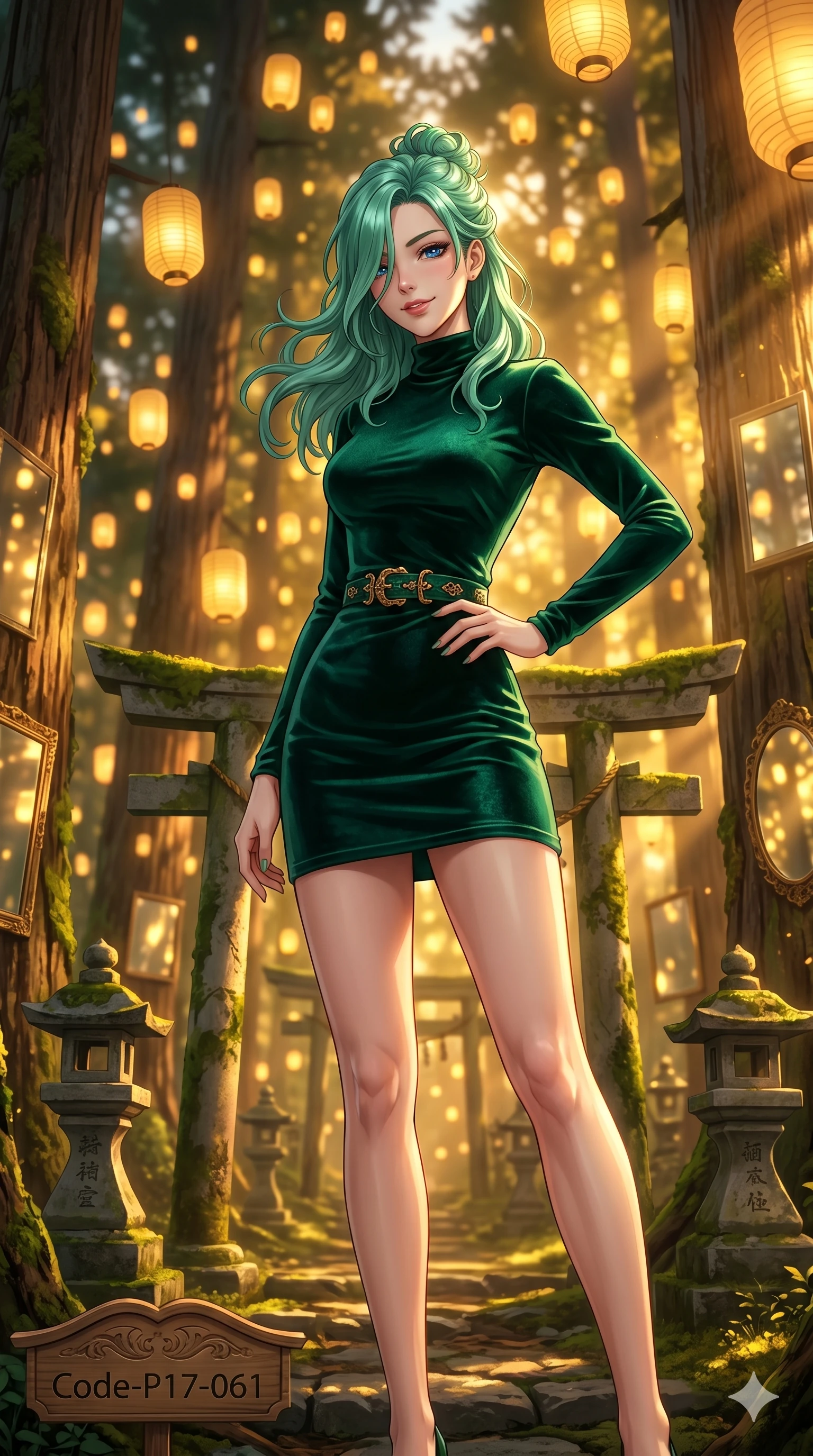 score_9, masterpiece, best quality, ultra-detailed, high-budget anime keyframe, editorial fashion photography, tasteful artistic composition, Japanese woman. cowboy shot from the thighs up, character and outfit filling the frame for maximum editorial presence. tilting her head with a playful, teasing smile, letting a lock of hair fall over her eyes in a sacred shinto forest with golden floating lanterns at dusk (Code-P17-061). She has an absolutely perfect 8-heads proportion, an exceptionally tall and slender female figure with impossibly long slender legs and an ultra-slim waist. V-shaped jawline, high-bridge nose, intricate jewel-like eyes with depth, thick eyelashes, glossy lips with a natural sheen. wearing a long-sleeved high-neck velvet dress with belt. warm golden afternoon sunbeams reflecting off the mirrors, casting bright light patterns. 2k, ultra detail, master piece, 9:16 ratio