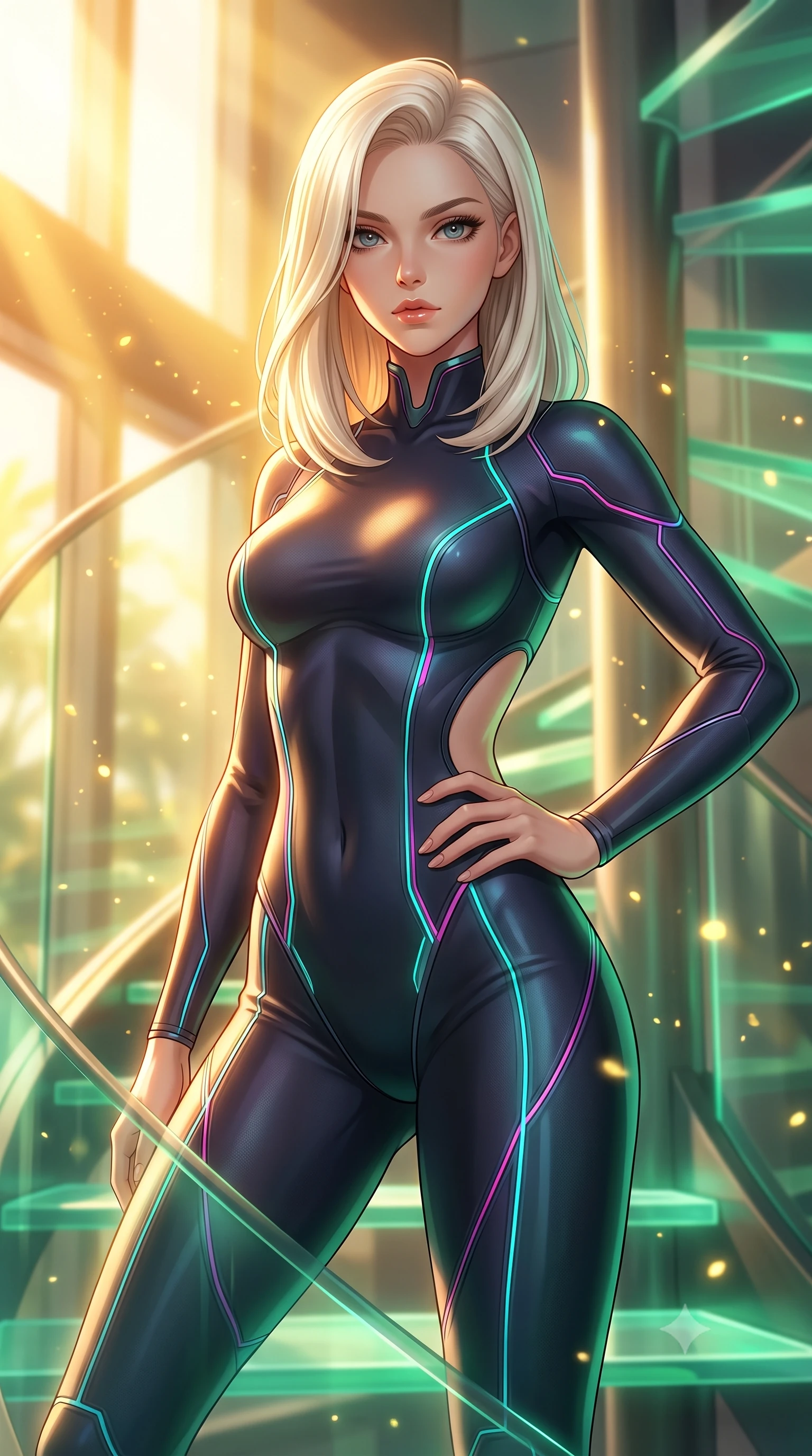 score_9, masterpiece, best quality, ultra-detailed, high-budget anime keyframe, editorial fashion photography, tasteful artistic composition, Caucasian woman. close-up cowboy shot from the waist and thighs up, the character dominates the composition, filling the frame with her large presence, background elements kept in soft focus. Holding a confident power pose with one hand on her hip, gazing directly into the camera with quiet intensity ascending a vertical spiral glass staircase enveloped by tropical sunbeams, glowing pollen particles drifting gracefully around her form. She has an exceptionally elegant, slender, and willowy female figure with an ultra-slim waist, a gracefully sculpted slender torso, and a refined silhouette. sharp v-shaped jawline, high-bridge nose, intricate jewel-like eyes with depth, thick eyelashes, glossy lips with a natural sheen. wearing a skin-tight cybernetic bodysuit with glowing neon seams and suggestive side cutouts, the tailored fabric tightly following every curve of her athletic build. bathed in warm golden sunlight and soft emerald bioluminescent glow. highly saturated vibrant anime colors, detailed shading with soft gradients, rich glossy textures, high-contrast stereoscopic depth, volumetric dynamic lighting, master piece, 9:16 ratio