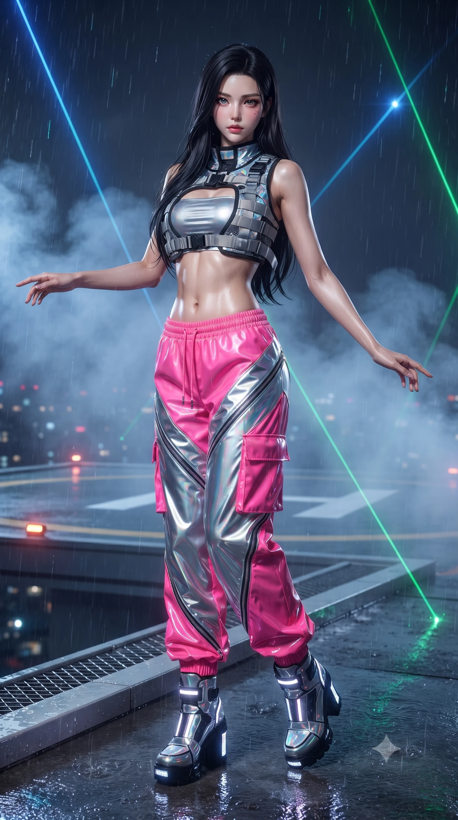score_9, masterpiece, best quality, ultra-detailed, high-budget anime keyframe, editorial fashion photography, tasteful artistic composition, Korean woman. low angle full-body shot from head to toe showing her feet, filling the entire 9:16 vertical frame with her statuesque presence, stretching her vertical silhouette. standing poised with one hip cocked in an alluring high-fashion pose, her tall 8.5-heads proportions dominating the scene while standing poised on the edge of a rooftop helipad platform with arms outstretched, welcoming the pulsing techno basslines. The composition keeps background elements in soft focus with creamy bokeh. drifting smoke machine haze and falling raindrops catching laser beam motes across the rooftop. She has an absolutely perfect, statuesque 8.5-heads proportion, an exceptionally tall and slender model-like female figure with impossibly long slender legs, a toned flat midriff, and an ultra-slim waist. sharp v-shaped jawline, high-bridge nose, intricate jewel-like eyes with depth, thick eyelashes, glossy lips with a natural sheen, captivating and magnetic expression, flawlessly proportioned anatomical accuracy, strict slender model proportions, natural body alignment, perfectly sculpted long slender limbs, ultra-slim waistline, clean dynamic posture without body distortion. wearing a cropped tech-harness utility vest worn over a silver reflective bandeau top and baggy cargo pants in bright cyber pink and chrome silver, crafted from flexible reflective spandex and tactical webbing, accented with metallic zipper teeth running along the diagonal cutouts, the form-contouring material adhering flawlessly to her sculpted flat midriff and slender torso, emphasizing her long leg lines and perfectly proportioned willowy build. surrounded by a vibrant, fearless, and passionately energetic Y2K party queen aura. ultra-reflective glossy finish, specular highlights, rich textural contrasts, high-contrast stereoscopic depth, volumetric dynamic lighting, 2k, ultra detail, master piece, 9:16 ratio
