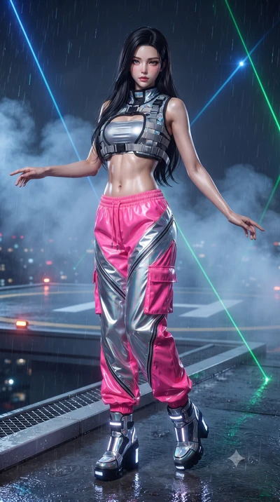 score_9, masterpiece, best quality, ultra-detailed, high-budget anime keyframe, editorial fashion photography, tasteful artistic composition, Korean woman. low angle full-body shot from head to toe showing her feet, filling the entire 9:16 vertical f