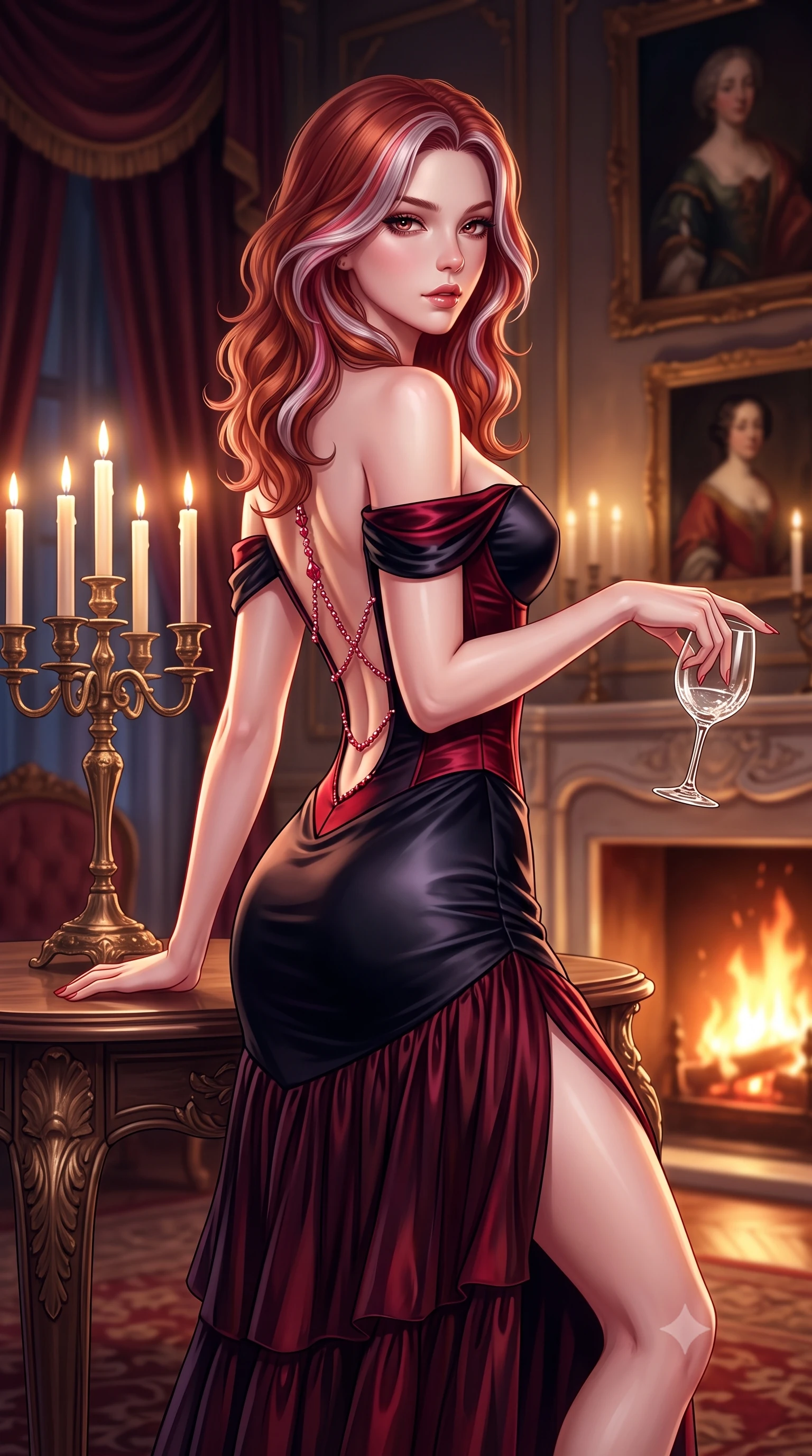score_9, masterpiece, best quality, ultra-detailed, high-budget anime keyframe, semi-realistic 3D game render, editorial fashion photography, tasteful artistic composition, Caucasian woman. close-up cowboy shot from the waist and thighs up, the character dominates the composition, filling the frame with her large presence. leaning back with relaxed seductive grace, her sculpted collarbones highlighted by light, casting smoldering bedroom-eyes directly into the lens while standing poised beside the grand candelabra table, slowly running one manicured finger along the rim of her wine glass. The composition keeps background elements in soft focus with creamy bokeh. heavy velvet draperies and antique oil portraits softened in luxurious shallow depth of field. She has an exceptionally elegant, slender, and willowy female figure with an ultra-slim waist, a gracefully sculpted slender torso, toned flat midriff, and a refined slim silhouette. sharp v-shaped jawline, high-bridge nose, intricate jewel-like eyes with depth, thick eyelashes, glossy parted lips with a natural sheen, intensely captivating and seductive expression, flawlessly proportioned anatomical accuracy, strict slender model proportions, natural body alignment, perfectly sculpted long slender limbs, ultra-slim waistline, clean dynamic posture without body distortion. wearing an off-shoulder Victorian corset bodice dress paired with a tiered gathered chiffon slit skirt in midnight obsidian black and blood crimson, tailored from ultra-smooth duchess satin with a pearlescent sheen, accented with a glittering ruby back chain tracing her bare spine, the form-contouring material adhering flawlessly to her sculpted flat midriff and slender torso, emphasizing her long leg lines and perfectly proportioned willowy build. bathed in roaring fireplace amber warmth and soft candelabra glow. highly saturated vibrant anime colors, detailed shading with soft gradients, rich glossy textures, high-contrast stereoscopic depth, volumetric dynamic lighting, master piece, 9:16 ratio