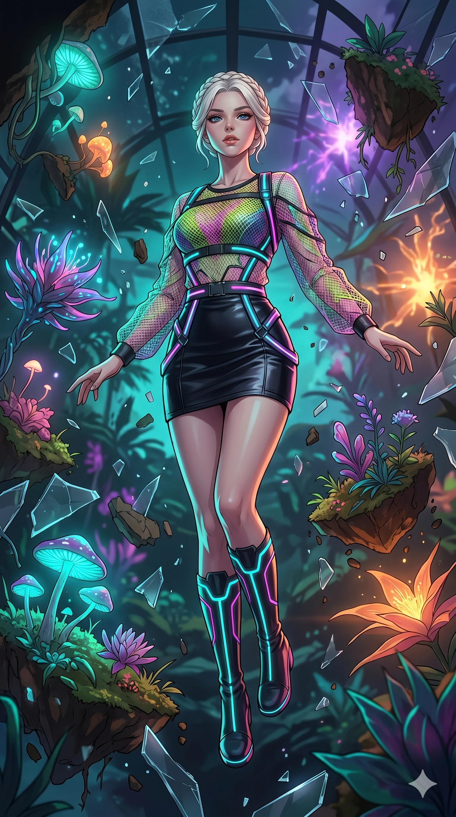 score_9, masterpiece, best quality, ultra-detailed, Set A: High-budget Anime Keyframe, Caucasian (strictly human ears) woman. Low angle cowboy shot filling the entire 9:16 frame with her statuesque presence. Floating through a floating botanical garden, as gravity fails and everything around her floats in state 116 and surrounded by shattered glass fragments. She has an absolutely perfect 8-heads proportion, an exceptionally tall and slender female figure with impossibly long slender legs and an ultra-slim waist. Sharp v-shaped jawline, high-bridge nose, intricate jewel-like eyes with depth, thick eyelashes, glossy lips with a natural sheen. Wearing Fluorescent mesh top with a leather mini-skirt and neon-lit harness details. Cinematic lighting, vibrant colors, dramatic shadows, 2k, ultra detail, master piece, 9:16 ratio