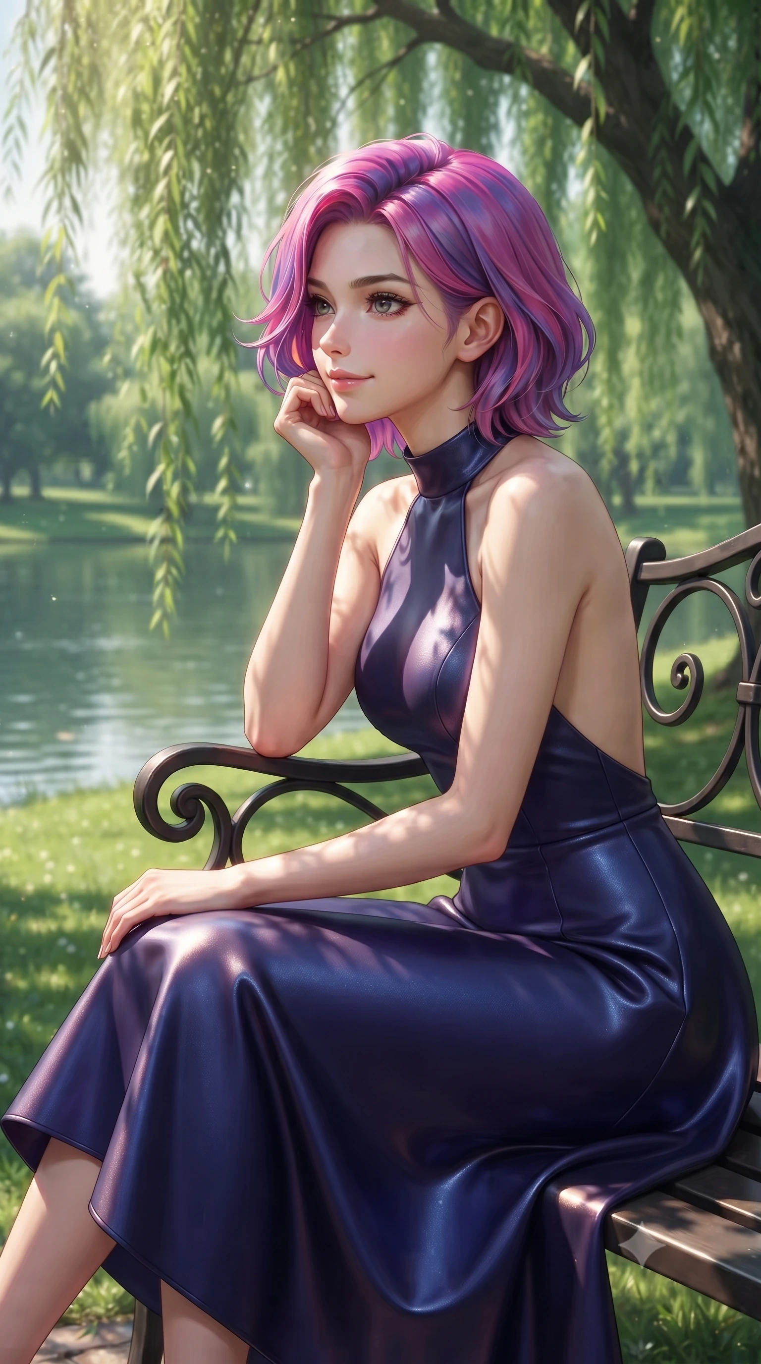 score_9, masterpiece, best quality, ultra-detailed, high-budget anime keyframe, editorial fashion photography, tasteful artistic composition, Caucasian woman woman. close-up cowboy shot from the waist and thighs up, the character dominates the composition, filling the frame with her large presence, background elements kept in soft focus. resting her chin on her hand, looking out at the beautiful scenery with a soft smile the background shows a soft-focus a green park bench under a large weeping willow tree near a calm lake. She has an exceptionally elegant, slender, and willowy female figure with an ultra-slim waist, a gracefully sculpted slender torso, and a refined silhouette. sharp v-shaped jawline, high-bridge nose, intricate jewel-like eyes with depth, thick eyelashes, glossy lips with a natural sheen. wearing a tailored backless halter midi dress in dark indigo, showing her elegant clavicle lines. dappled sunbeams filtering through the willow leaves onto the grass. ultra-reflective glossy finish, specular highlights, metallic sheen, high-contrast stereoscopic depth, volumetric dynamic lighting, 2k, ultra detail, master piece, 9:16 ratio