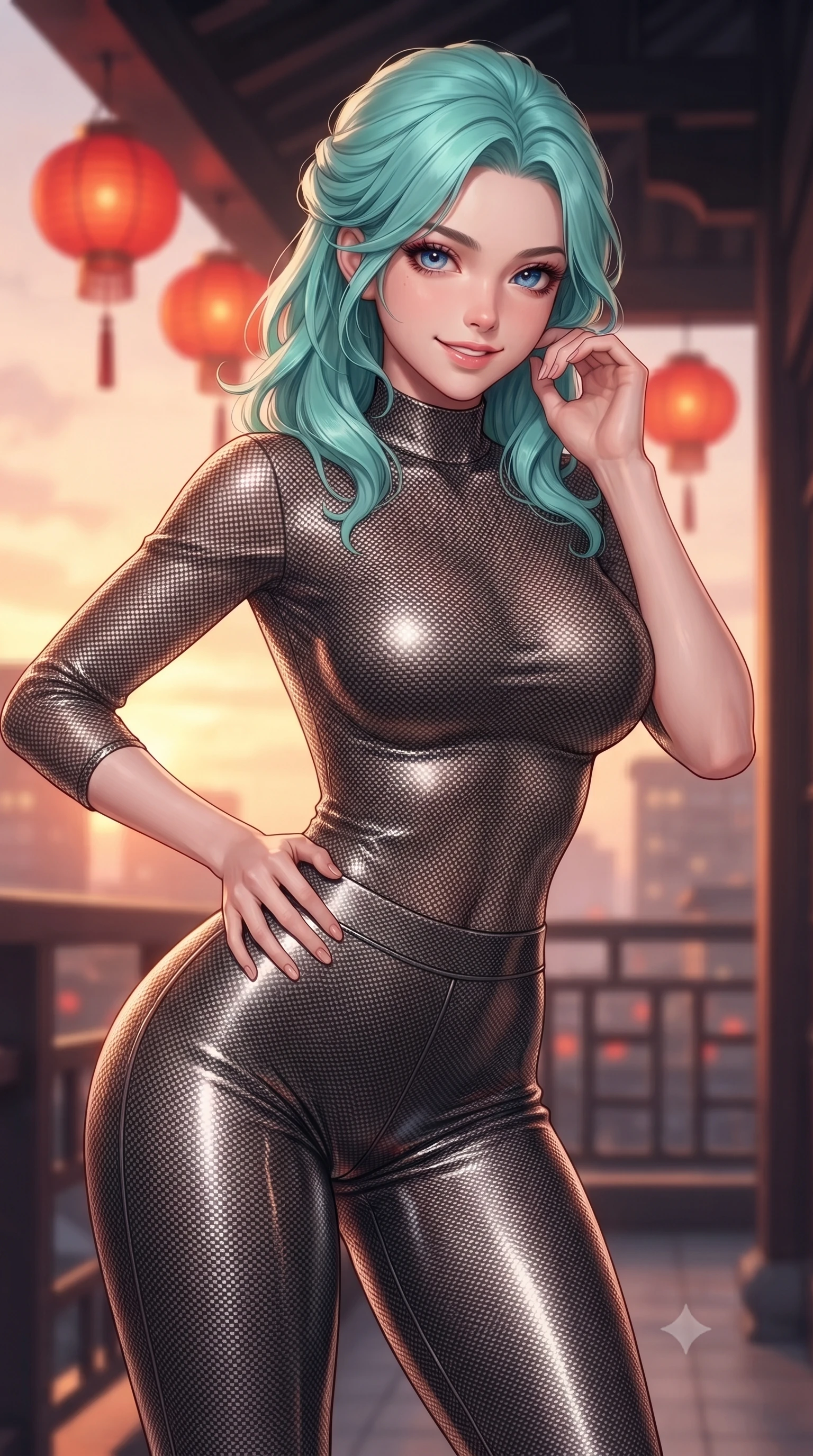 score_9, masterpiece, best quality, ultra-detailed, high-budget anime keyframe, editorial fashion photography, tasteful artistic composition, Japanese woman. close-up cowboy shot from the waist and thighs up, the character dominates the composition, filling the frame with her large presence, background elements kept in soft focus. leaning slightly forward with a playful, teasing smile, her gaze locked onto the viewer with lips parted in a composed pose, the background shows a soft-focus a void balcony with red lanterns hanging from carbon beams in soft focus. She has an exceptionally elegant, slender, and willowy female figure with an ultra-slim waist, a gracefully sculpted slender torso, and a refined silhouette. sharp v-shaped jawline, high-bridge nose, intricate jewel-like eyes with depth, thick eyelashes, glossy lips with a natural sheen. wearing a slim-fit body-hugging carbon-mesh mock-neck top paired with tight-fitting carbon-fiber leggings. warm sunset light casting a peaceful, cozy orange wash on her figure. ultra-reflective glossy finish, specular highlights, metallic sheen, high-contrast stereoscopic depth, volumetric dynamic lighting, 2k, ultra detail, master piece, 9:16 ratio