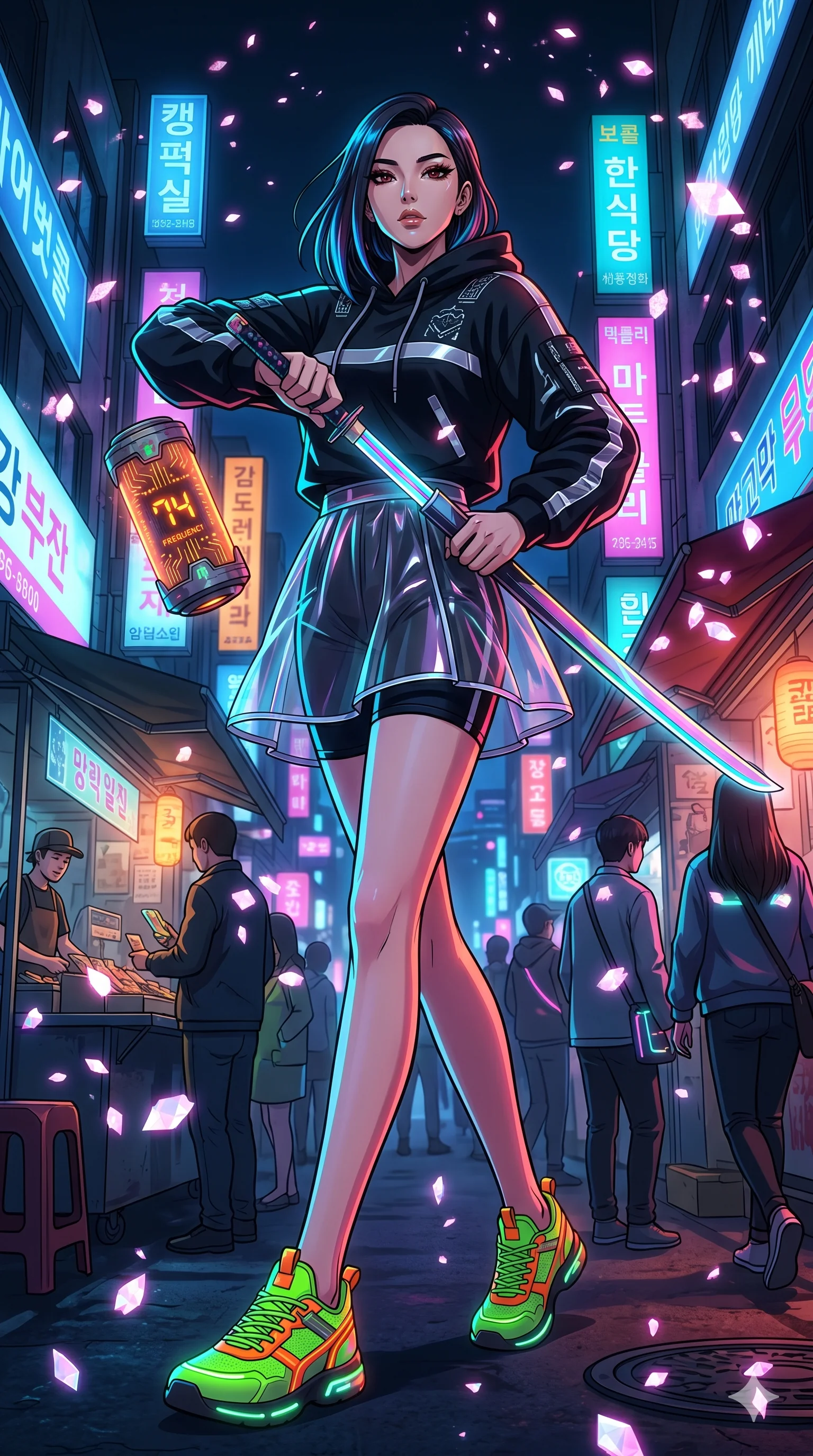 score_9, masterpiece, best quality, ultra-detailed, Set A: High-budget Anime Keyframe, Korean woman. Low angle cowboy shot filling the entire 9:16 frame with her statuesque presence. Drawing a blade through a futuristic night market, holding a relic that pulses with the frequency 74 and surrounded by digital sakura petals. She has an absolutely perfect 8-heads proportion, an exceptionally tall and slender female figure with impossibly long slender legs and an ultra-slim waist. Sharp v-shaped jawline, high-bridge nose, intricate jewel-like eyes with depth, thick eyelashes, glossy lips with a natural sheen. Wearing Streetwear tech-hoodie with a transparent PVC skirt and neon sneakers. Cinematic lighting, vibrant colors, dramatic shadows, 2k, ultra detail, master piece, 9:16 ratio