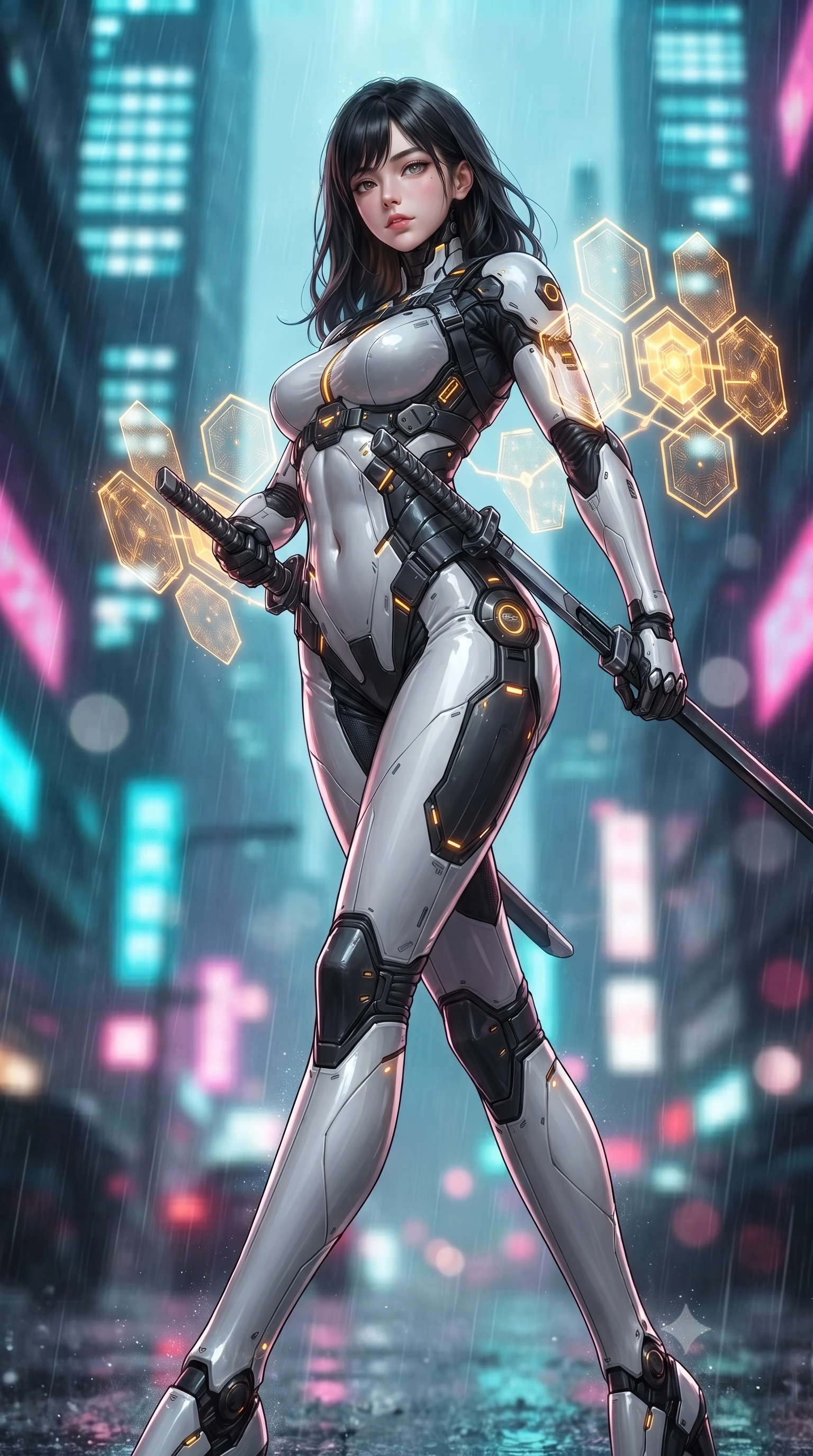 score_9, masterpiece, best quality, ultra-detailed, high-budget anime keyframe, editorial fashion photography, tasteful artistic composition, Korean woman. low angle full-body shot from head to toe showing her feet, filling the entire 9:16 vertical frame with her statuesque presence, stretching her vertical silhouette. pivoting dynamically in mid-motion with a breathtakingly alluring posture, displaying her flawless model proportions, toned flat midriff, and ultra-slim waist while sheathing her sleek plasma katana with effortless supermodel poise while casting a sovereign, captivating direct gaze into the lens. The composition keeps background elements in soft focus with creamy bokeh. heavy neon rain streaks and distant skyscraper light grids blurred into dazzling cyan, magenta, and charcoal bokeh. She has an absolutely perfect, statuesque 8.5-heads proportion, an exceptionally tall and slender model-like female figure with impossibly long slender legs, a toned flat midriff, and an ultra-slim waist. sharp v-shaped jawline, high-bridge nose, intricate jewel-like eyes with depth, thick eyelashes, glossy lips with a natural sheen, flawlessly proportioned anatomical accuracy, strict slender model proportions, natural body alignment, perfectly sculpted long slender limbs, ultra-slim waistline, clean dynamic posture without body distortion. wearing a high-contrast monochrome white-and-black carbon-composite exoskeleton suit with glowing amber circuitry, deploying floating hexagonal holographic energy shields with sovereign grace in arctic white carbon composite with radiant solar gold plating, made of lightweight aerodynamic carbon-titanium alloy with polished edge bevels, reinforced by a sleek titanium tactical harness and glowing micro-energy straps, the liquid-tight tailored fabric emphasizing every curve of her tall, slender model proportions and sculptured silhouette during dynamic movement. surrounded by an exhilarating, fierce, and breathtakingly stylish cyber-valkyrie aura. ultra-reflective glossy finish, specular highlights, dark metallic sheen, high-contrast stereoscopic depth, volumetric dynamic lighting, 2k, ultra detail, master piece, 9:16 ratio