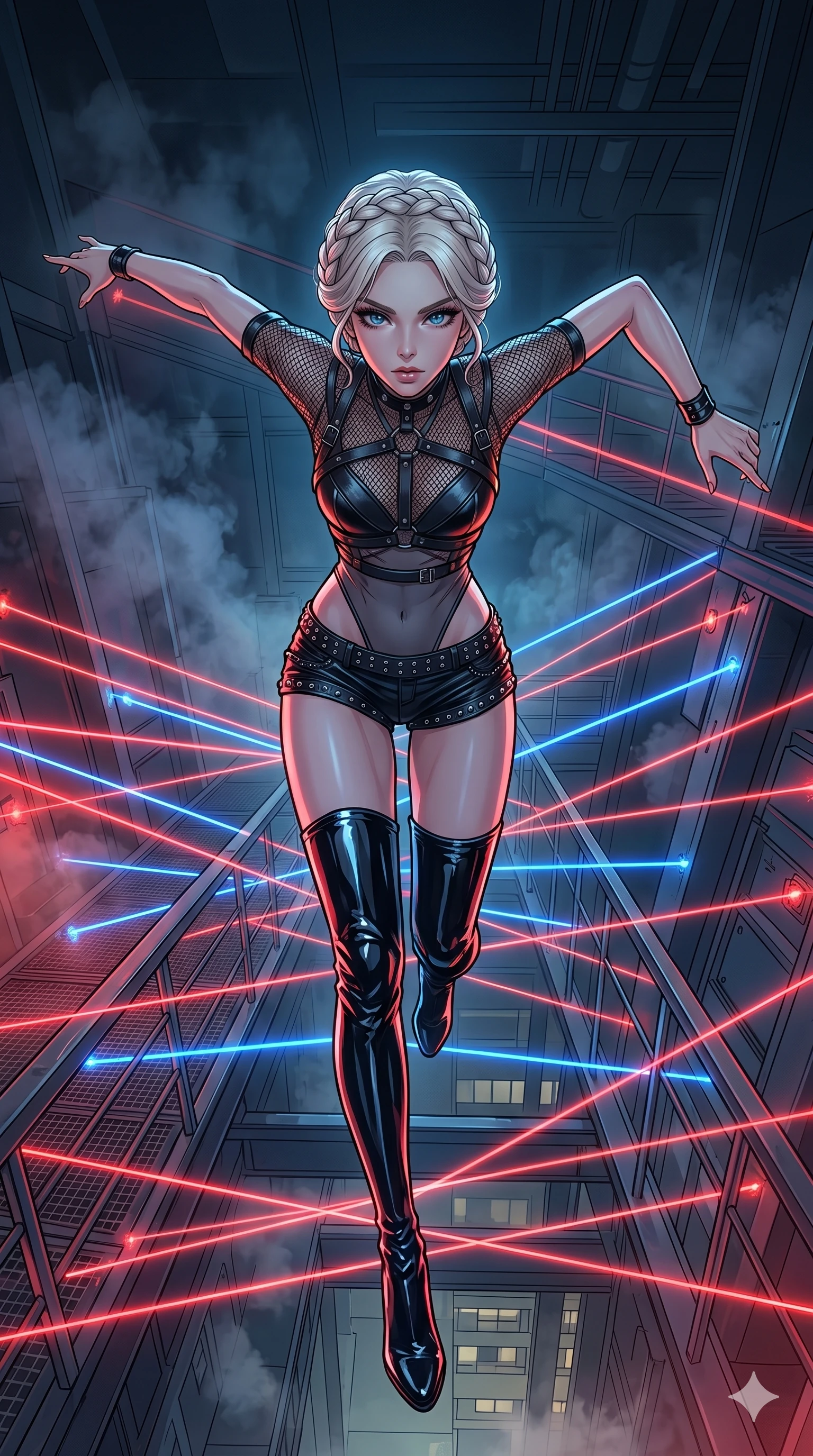score_9, masterpiece, best quality, ultra-detailed, high-budget anime movie keyframe, cinematic anime lighting, intricate line art, Caucasian (strictly human ears) anime girl. Extreme high angle shot as she leaps towards the camera, filling the frame. somersaulting over a laser trap in a high-security vault. She has an absolutely perfect 8-heads proportion, an exceptionally tall and slender female figure with an ultra-slim waist and impossibly long slender legs. strictly human anatomy, two legs only, no extra limbs, clearly defined legs and arms, perfect anatomy, perfect hands and fingers. sharp v-shaped jawline, high-bridge nose, intricate jewel-like eyes, thick eyelashes, glossy lips. Wearing K-Idol Stage: Leather harness over mesh, high-cut bodysuit, studded micro-shorts, and thigh-high patent boots. The scene is illuminated by dramatic atmospheric lighting and vibrant color palettes. , 2k, ultra detail, master piece, 9:16 ratio