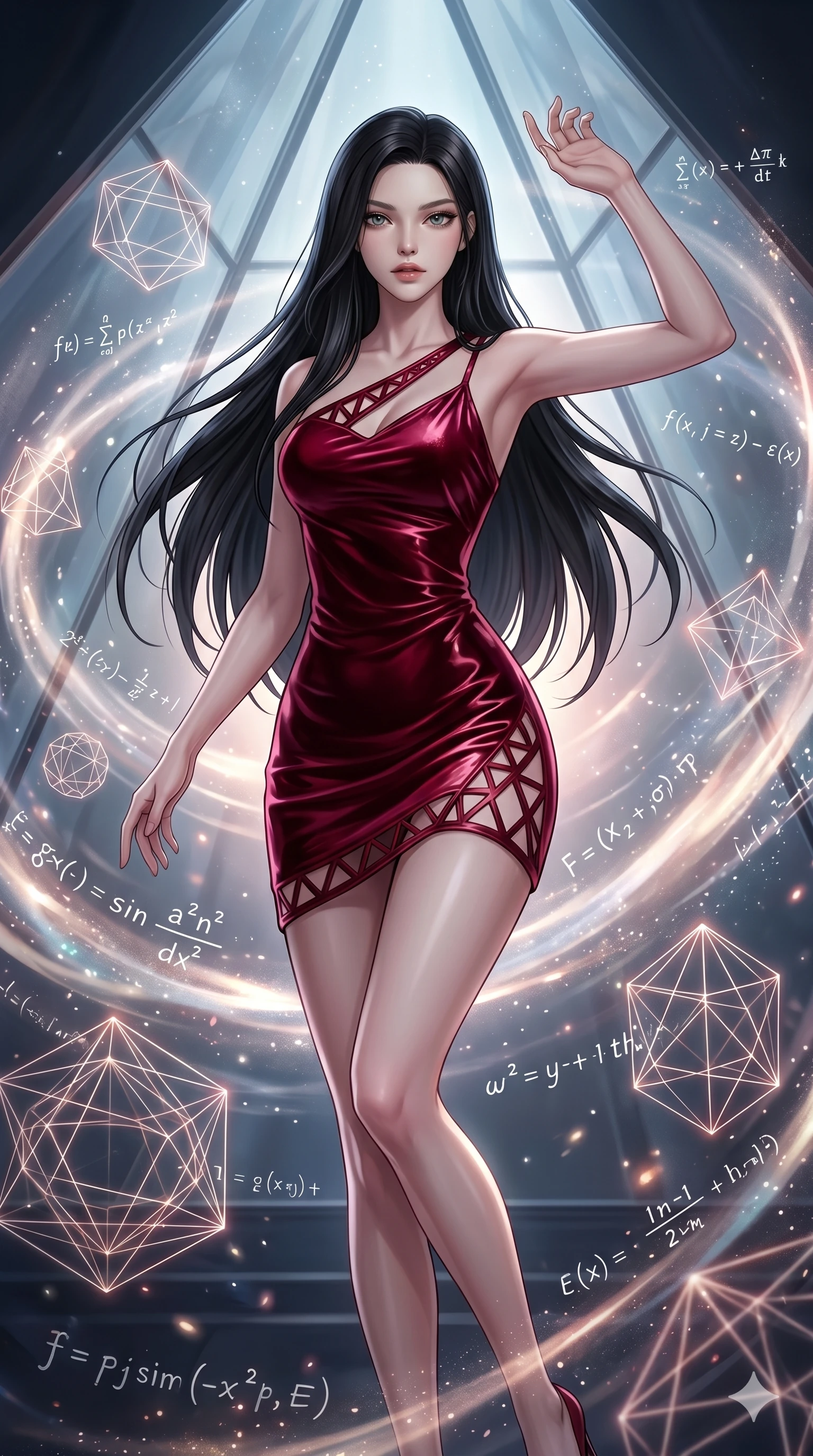 score_9, masterpiece, best quality, ultra-detailed, high-budget anime keyframe, editorial fashion photography, tasteful artistic composition, Korean woman. upper body close-up from the thighs up, character filling the screen for maximum presence. swirling in a vortex of inside a geometric glass pyramid surrounded by floating mathematical equations while floating geometrical wireframes rotate and pulse in synch. She has an absolutely perfect 8-heads proportion, an exceptionally tall and slender female figure with impossibly long slender legs and an ultra-slim waist. V-shaped jawline, high-bridge nose, intricate jewel-like eyes with depth, thick eyelashes, glossy lips with a natural sheen.. wearing an asymmetric liquid velvet slip dress, featuring a wet-look deep crimson red velvet one-shoulder mini slip with asymmetric geometric cutout trim. illuminated by dramatic chiaroscuro casting soft shadows along her curves, with vibrant backlighting highlighting the dust particles. 2k, ultra detail, master piece, 9:16 ratio