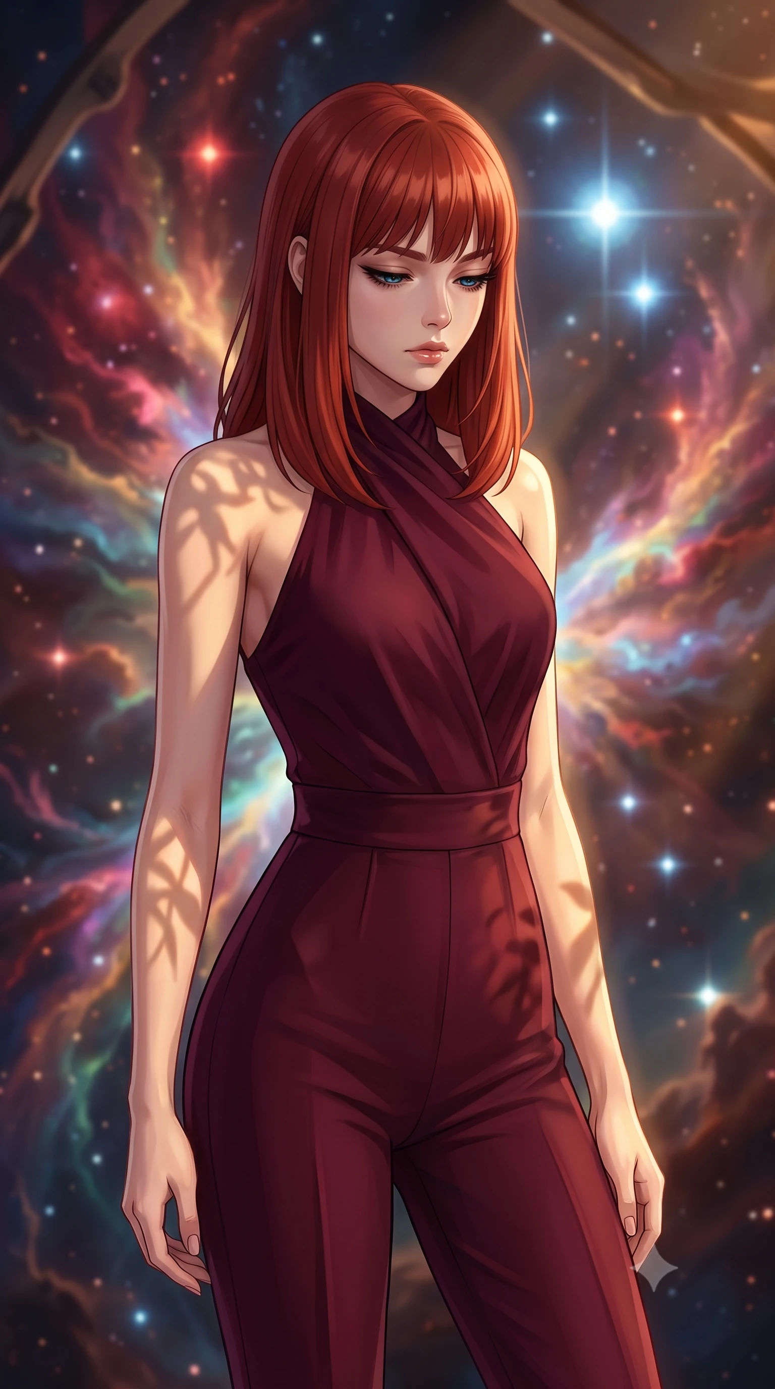 score_9, masterpiece, best quality, ultra-detailed, high-budget anime keyframe, editorial fashion photography, tasteful artistic composition, Caucasian woman, strictly human ears. close-up cowboy shot from the waist and thighs up, the character dominates the composition, filling the frame with her large presence, background elements kept in soft focus. Looking down with lowered lashes and a composed powerful expression. set against a soft-focus background of inside a spectacular nebula naturally shaped like a cosmic phoenix where dying red giant stars shed their outer layers in explosive color birthing brilliant new blue-white stars in cascading chain reactions. She has an exceptionally elegant and slender, willowy female figure with an ultra-slim waist, a gracefully sculpted slender torso, and a refined slim physique. sharp v-shaped jawline, high-bridge nose, intricate jewel-like eyes with depth, thick eyelashes, glossy lips with a natural sheen. wearing a precision-tailored jumpsuit in deep burgundy with a high wrap-front neck, highlighting her slim waist and long legs. warm golden afternoon sunbeams casting soft organic leaf shadows across her skin. 2k, ultra detail, master piece, 9:16 ratio