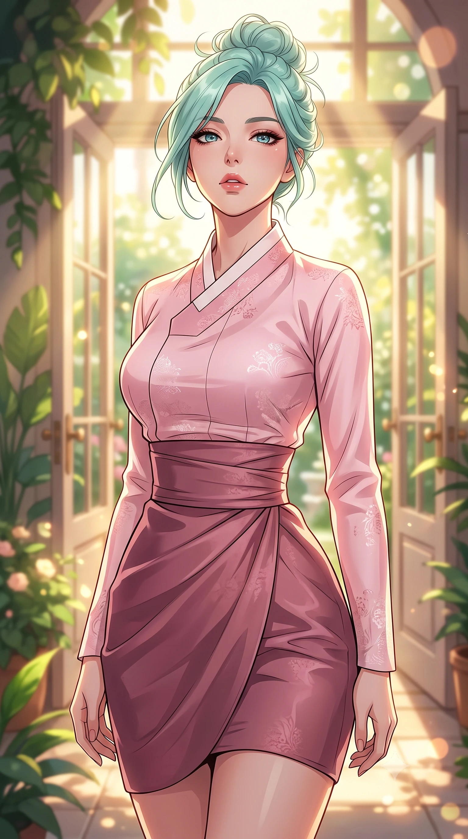 score_9, masterpiece, best quality, ultra-detailed, high-budget anime keyframe, tasteful artistic composition, Japanese woman. close-up cowboy shot from the waist and thighs up, the character dominates the composition, filling the frame with her large presence, background elements kept in soft focus. tilting her chin up slightly with lips parted in a composed, provocative expression the background shows a soft-focus a private sun-drenched botanical patio with double glass doors opening to a garden. She has an exceptionally elegant, slender, and willowy female figure with an ultra-slim waist, a gracefully sculpted slender torso, and a refined silhouette. sharp v-shaped jawline, high-bridge nose, intricate jewel-like eyes with depth, thick eyelashes, glossy lips with a natural sheen. wearing a form-contouring modern fusion hanbok jeogori in light pink silk, paired with a high-waisted wrap skirt. bright afternoon sun rays illuminating the entire green space and her form. highly saturated vibrant anime colors, cel-shading, 2d style, master piece, 9:16 ratio