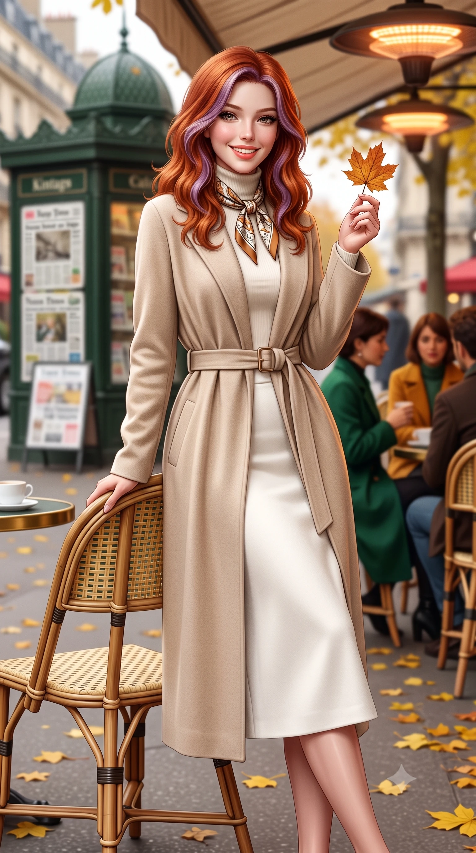 score_9, masterpiece, best quality, ultra-detailed, high-budget anime keyframe, semi-realistic 3D game render, editorial fashion photography, tasteful artistic composition, Caucasian woman. close-up cowboy shot from the waist and thighs up, the character dominates the composition, filling the frame with her large presence. holding a single autumn leaf delicately between manicured fingers, admiring it with a cheerful, parted-lip smile while leaning back slightly against the wicker rattan café chair, ankles crossed, enjoying the crisp autumn air with effortless chic. The background shows a soft-focus bustling Parisian boulevard with vintage green newspaper kiosks, yellow chestnut leaves on pavement, and café patrons blurred into emerald, amber, and espresso bokeh. She has an exceptionally elegant, slender, and willowy female figure with an ultra-slim waist, flat toned midriff, narrow ribcage, and sculpted feminine hips creating an alluring, slim hourglass silhouette without bulk. sharp v-shaped jawline, high-bridge nose, intricate jewel-like sparkling eyes with depth, thick eyelashes, glossy parted lips with a natural peach sheen, bright cheerful beaming smile with an enchanting and coquettish sensual glint, exuding both youthful cute charm and seductive allure, flawlessly proportioned anatomical accuracy, strict slender model proportions, natural body alignment, perfectly sculpted long slender limbs, ultra-slim waistline, clean dynamic posture without body distortion. wearing a luxurious longline cashmere cardigan coat with a belted waist worn over an ivory turtleneck and wool midi skirt in Swiss alpine snow white and oat cashmere, woven from fine Australian merino wool with a smooth fluid drape and subtle sheen, finished with a printed silk twilly scarf knotted gracefully around her neck, the streamlined silhouette following her natural slender proportions with sophisticated poise, enhancing her tall willowy presence. bathed in soft overcast Parisian natural daylight warmed by glowing overhead outdoor patio heaters. highly saturated vibrant anime colors, detailed shading with soft gradients, rich glossy textures, high-contrast stereoscopic depth, volumetric dynamic lighting, master piece, 9:16 ratio