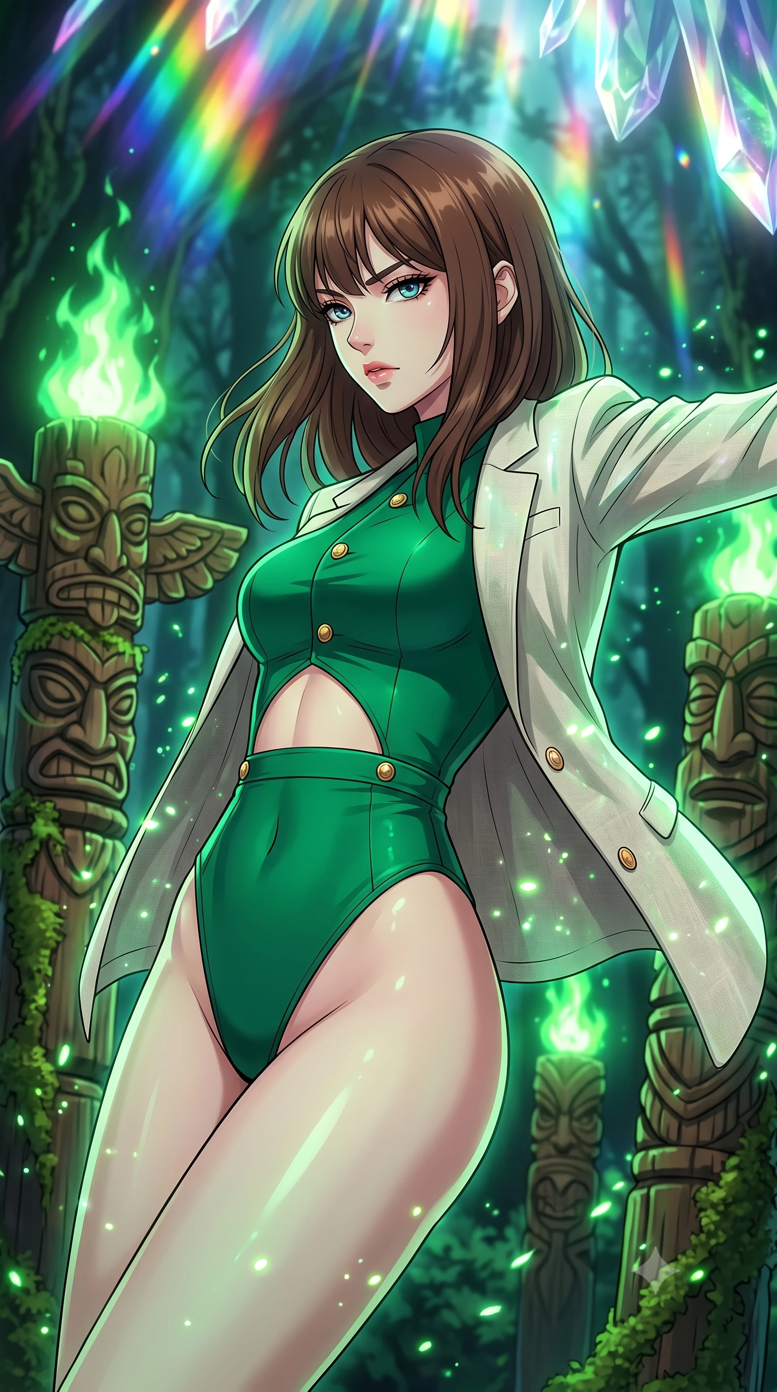 score_9, masterpiece, best quality, ultra-detailed, high-budget anime keyframe, clean line-art, cel-shading, Korean woman. close-up cowboy shot from the waist and thighs up, the character dominates the composition, filling the frame with her large presence, background elements kept in soft focus. Leaning back to dodge a fast strike with fluid grace, casting a cold side-glare. set against a soft-focus background of a dense forest at night, where ancient wooden totems are glowing with green magical flame, moss creeping up the carvings. She has an exceptionally elegant and slender, willowy female figure with an ultra-slim waist, a gracefully sculpted slender torso, and a refined slim physique. sharp v-shaped jawline, high-bridge nose, intricate jewel-like eyes with depth, thick eyelashes, glossy lips with a natural sheen. wearing catching and diffusing the glowing particles, shimmering softly in response to the surrounding light, a slim-fit high-cut bodysuit in emerald green, with gold button accents and an exposed midriff section under an open linen blazer. cascading rainbow prismatic light refracting through crystal formations overhead. highly saturated vibrant anime colors, intense vivid color palette, volumetric dynamic lighting, 2k, ultra detail, master piece, 9:16 ratio