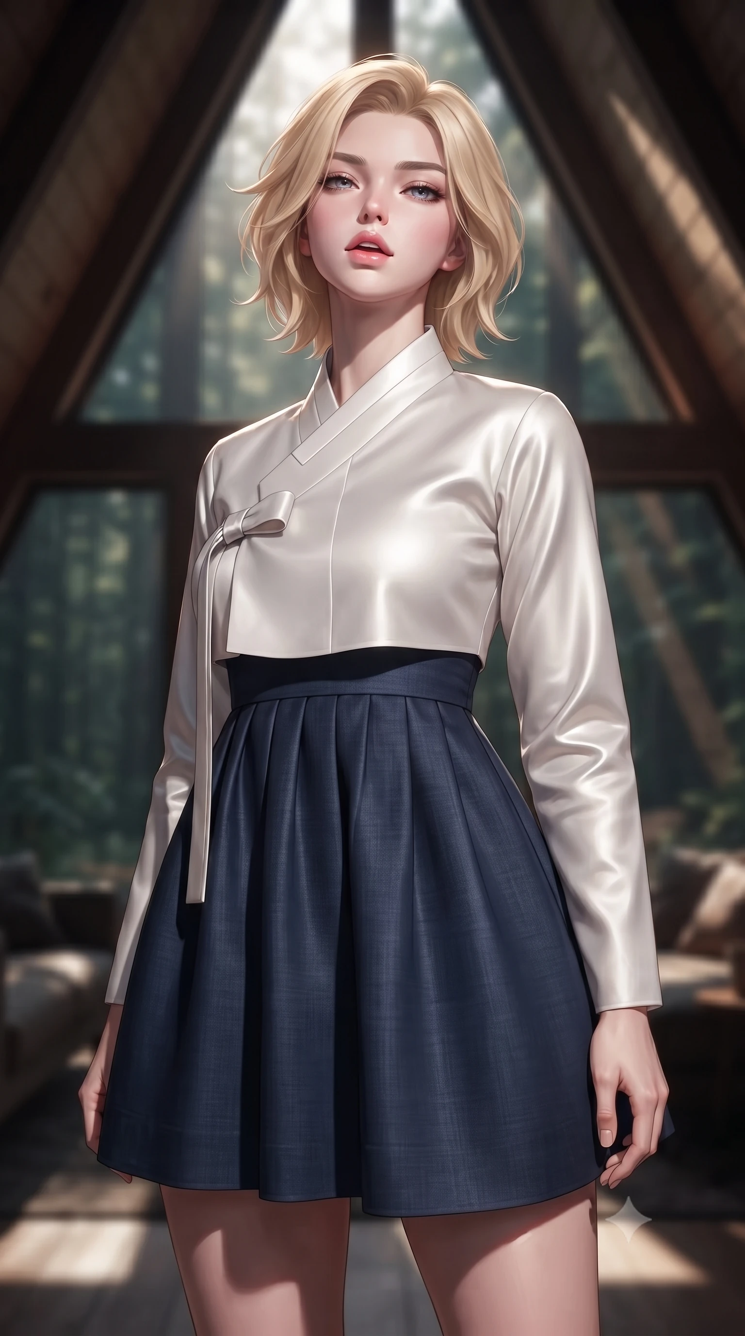 score_9, masterpiece, best quality, ultra-detailed, high-budget anime keyframe, editorial fashion photography, tasteful artistic composition, Caucasian woman. close-up cowboy shot from the waist and thighs up, the character dominates the composition, filling the frame with her large presence, background elements kept in soft focus. tilting her chin up slightly with lips parted in a composed, provocative expression the background shows a soft-focus the interior of an A-frame cabin cabin with large triangular windows showing forest. She has an exceptionally elegant, slender, and willowy female figure with an ultra-slim waist, a gracefully sculpted slender torso, and a refined silhouette. sharp v-shaped jawline, high-bridge nose, intricate jewel-like eyes with depth, thick eyelashes, glossy lips with a natural sheen. wearing a tailored modern fusion hanbok dress with a navy blue linen skirt and a high-neck white silk jeogori wrapper. stark afternoon sunbeams slicing through a window, creating chiaroscuro shadows. ultra-reflective glossy finish, specular highlights, metallic sheen, high-contrast stereoscopic depth, volumetric dynamic lighting, 2k, ultra detail, master piece, 9:16 ratio