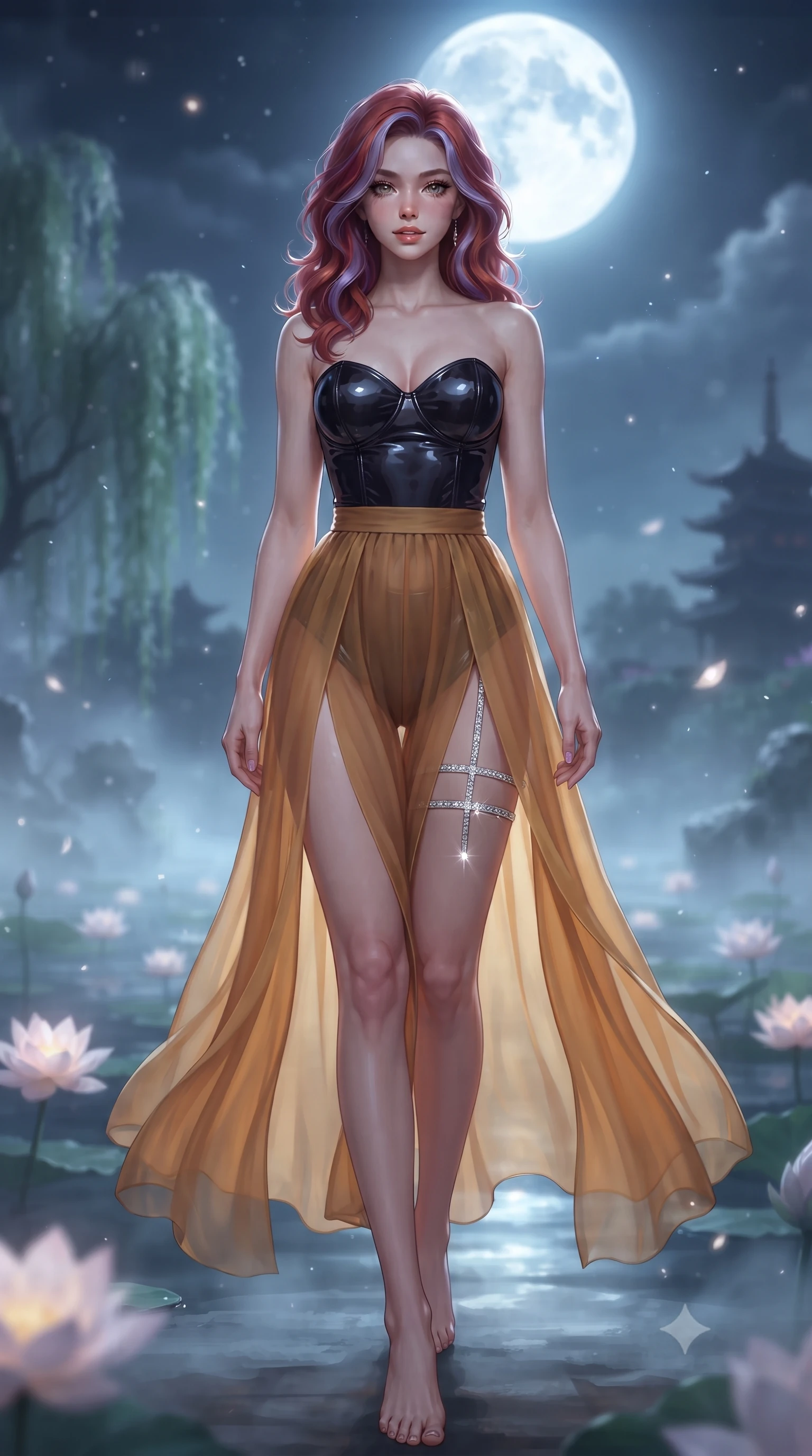 score_9, masterpiece, best quality, ultra-detailed, high-budget anime keyframe, editorial fashion photography, tasteful artistic composition, Caucasian woman. low angle full-body shot from head to toe showing her feet, filling the entire 9:16 vertical frame with her statuesque presence, stretching her vertical silhouette. stepping slowly toward the camera with hypnotic grace, hips swaying in an alluring sensual rhythm that accentuates her curvy hourglass silhouette and long slender legs while twisting her slender torso in an alluring contrapposto stance, cool night breezes fluttering her sheer silk robe around her narrow waist and curvy hips. The background shows a soft-focus the giant glowing harvest full moon, floating lotus blossoms, and misty willow trees blurred into silver, jade, and amethyst bokeh. She has an absolutely perfect, statuesque 8.5-heads proportion, an exceptionally tall and slender model-like female figure with impossibly long slender legs, an ultra-slim waist, a flat toned midriff, narrow delicate ribcage, and beautifully sculpted feminine hips creating a graceful, slim hourglass silhouette without any bulky heaviness. sharp v-shaped jawline, high-bridge nose, sparkling eyes with hypnotic seductive depth, thick curled eyelashes, glossy parted lips with a natural dewy peach sheen, alluring bedroom-eyes with an enchanting coquettish smile, exuding magnetic siren charisma and sophisticated glamour, flawlessly proportioned anatomical accuracy, strict slender model proportions, natural body alignment, perfectly sculpted long slender limbs, ultra-slim waistline, clean dynamic posture without body distortion. wearing a strapless wet-look vinyl bustier paired with sheer chiffon high-slit trousers in warm amber honey and antique gold leaf, made of sheer gossamer chiffon that drapes softly against skin with airy translucence, accented with a delicate crystal-encrusted thigh garter strap glinting under the lights, the glove-like clinging cut tightly following the natural contour of her hips and long slender legs with youthful 8.5-heads elegance. bathed in pure silver moonlight cascading directly from the harvest full moon above. ultra-reflective glossy finish, specular highlights, rich textural contrasts, high-contrast stereoscopic depth, volumetric dynamic lighting, 2k, ultra detail, master piece, 9:16 ratio