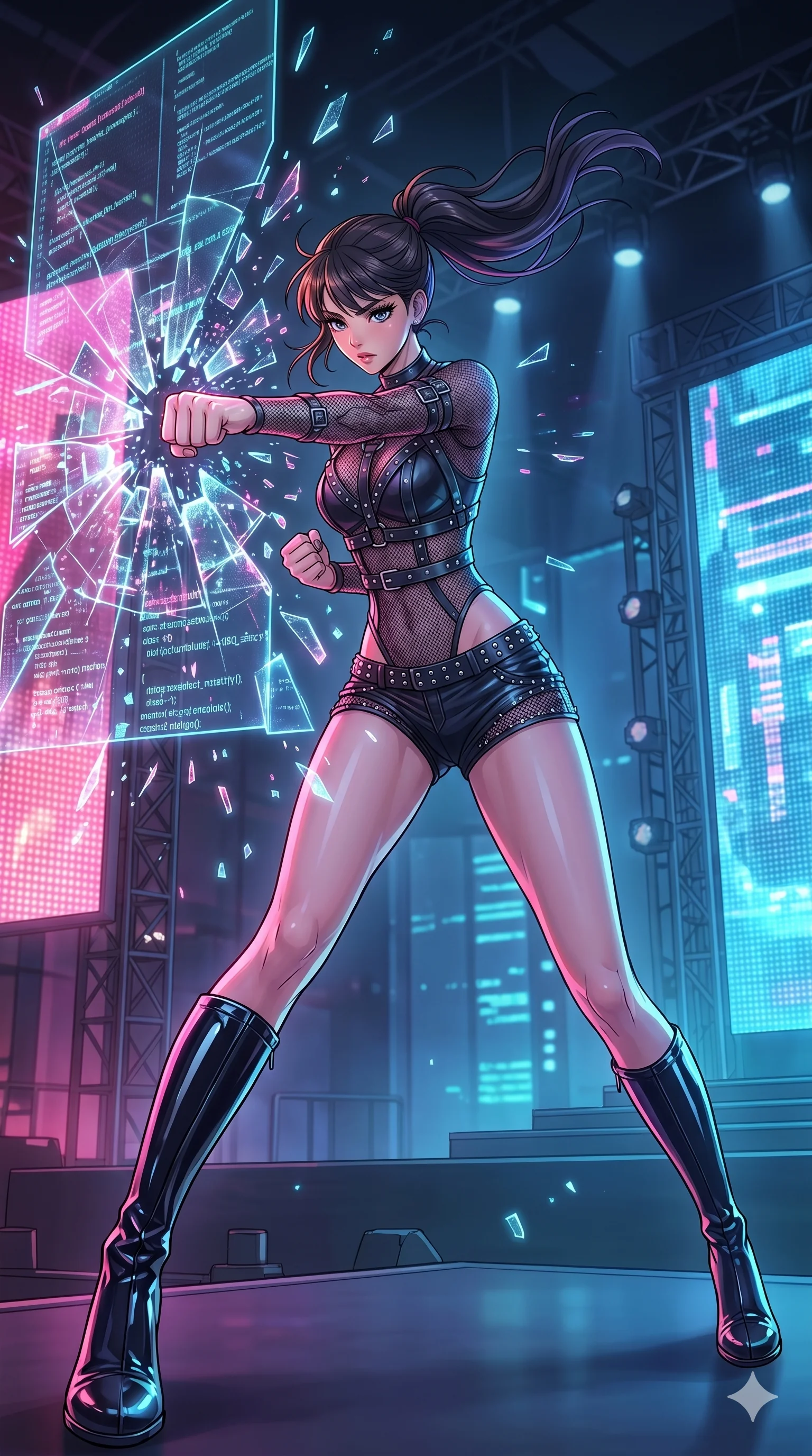 score_9, masterpiece, best quality, ultra-detailed, high-budget anime movie keyframe, cinematic anime lighting, intricate line art, Korean woman. Low angle cowboy shot capturing a powerful motion and statuesque presence. punching through a holographic firewall that shatters like glass. She has an absolutely perfect 8-heads proportion, an exceptionally tall and slender female figure with an ultra-slim waist and impossibly long slender legs. strictly human anatomy, two legs only, no extra limbs, clearly defined legs and arms, perfect anatomy, perfect hands and fingers. sharp v-shaped jawline, high-bridge nose, intricate jewel-like eyes, thick eyelashes, glossy lips. Wearing K-Idol Stage: Leather harness over mesh, high-cut bodysuit, studded micro-shorts, and thigh-high patent boots. The scene is illuminated by dramatic atmospheric lighting and vibrant color palettes. , 2k, ultra detail, master piece, 9:16 ratio