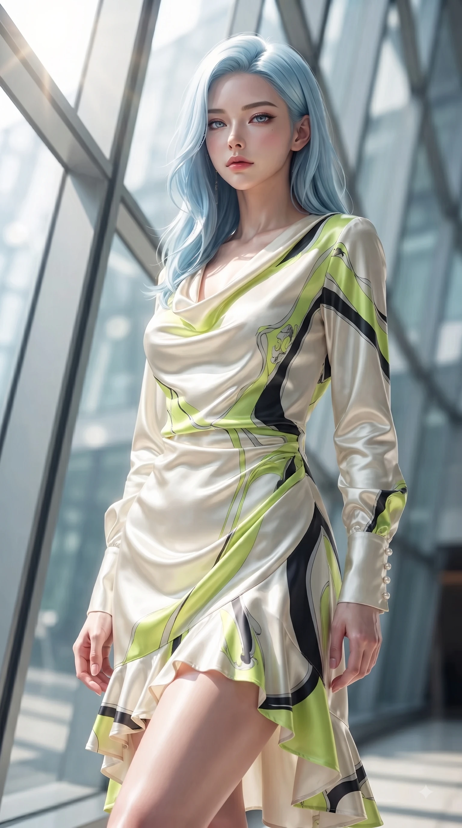 score_9, masterpiece, best quality, ultra-detailed, high-budget anime keyframe, editorial fashion photography, tasteful artistic composition, Korean woman. close-up cowboy shot from the waist and thighs up, the character dominates the composition, filling the frame with her large presence. Haughty, chic expression with a poised chin-tilt and an aloof, magnetic gaze commanding attention while pivoting dynamically near a towering geometric glass facade with intense sunlight filtering through. The composition keeps background elements in soft focus with dreamy bokeh. high-tech architectural lines blurring seamlessly into a soft-focus backdrop. She has an exceptionally elegant, slender, and willowy female figure with an ultra-slim waist, a gracefully sculpted slender torso, and a refined silhouette. sharp v-shaped jawline, high-bridge nose, intricate jewel-like eyes with depth, thick eyelashes, glossy lips with a natural sheen, flawlessly proportioned anatomical accuracy, natural body alignment, perfectly sculpted elegant limbs, clean dynamic posture without body distortion. wearing an elegant ivory silk cowl-neck dress with fluid draped lines in bright lime green and sleek jet black, crafted from smooth liquid silk satin, accented with delicate pearl buttons and refined ruffle trims, the sleek second-skin fit accentuating her magnetic presence. bathed in crisp, high-contrast sunlight filtering through geometric glass panes. ultra-reflective glossy finish, specular highlights, metallic sheen, high-contrast stereoscopic depth, volumetric dynamic lighting, 2k, ultra detail, master piece, 9:16 ratio