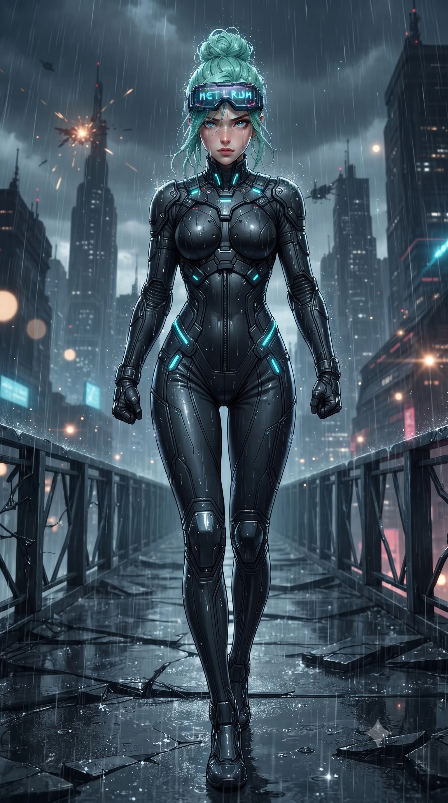score_9, masterpiece, best quality, ultra-detailed, high-budget anime keyframe, editorial fashion photography, tasteful artistic composition, Japanese woman. low angle full-body shot from head to toe showing her feet, filling the entire 9:16 vertical frame with her statuesque presence, stretching her vertical silhouette. striding forward with sovereign warrior elegance in a low, predatory combat advance through the ruins, hips swaying with fierce athletic poise while standing resolute at the center of the skybridge with fists lowered, rain streaming down her transparent visor and sleek body armor. The composition keeps background elements in soft focus with creamy bokeh. sparkling rain streaks and drone explosion fragments scattering glowing light motes across a grand skyline. She has an absolutely perfect, statuesque 8.5-heads proportion, an exceptionally tall and slender model-like female figure with impossibly long slender legs, a toned flat midriff, and an ultra-slim waist. sharp v-shaped jawline, high-bridge nose, intricate jewel-like eyes with depth, thick eyelashes, glossy lips with a natural sheen, fierce and resolute heroine expression, flawlessly proportioned anatomical accuracy, strict slender model proportions, natural body alignment, perfectly sculpted long slender limbs, ultra-slim waistline, clean dynamic posture without body distortion. wearing high-tech holographic tactical goggles resting tipped up on her forehead, casting glowing neon runes across her brow without obscuring her features, paired with a tailored tactical combat jumpsuit with an open-back harness design, reinforced composite breastplate, and high-mobility elbow dampers in matte battle-worn obsidian carbon with electric cyan hazard conduits, tailored from flexible second-skin ballistic carbon-mesh adhering flawlessly to her athletic build, accented with glowing fiber-optic telemetry conduits tracing her collarbones and hip curves, the glove-like aerodynamic second-skin fit tightly clinging to her ultra-slender waist and athletic curves without adding bulk, accentuating her razor-sharp statuesque lines and slim hourglass silhouette. illuminated by crisp specular highlights tracing her sculpted flat midriff, bare spine, and slender limbs. ultra-reflective glossy finish, specular highlights, dark metallic sheen, high-contrast stereoscopic depth, volumetric dynamic lighting, 2k, ultra detail, master piece, 9:16 ratio