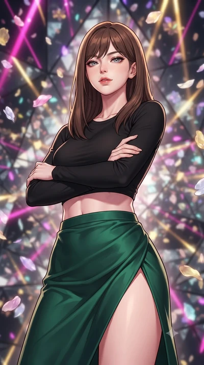 score_9, masterpiece, best quality, ultra-detailed, high-budget anime keyframe, gorgeous anime illustration, with clean line-art and distinct ink outlines, Korean woman. close-up cowboy shot from the waist and thighs up, the character dominates the c