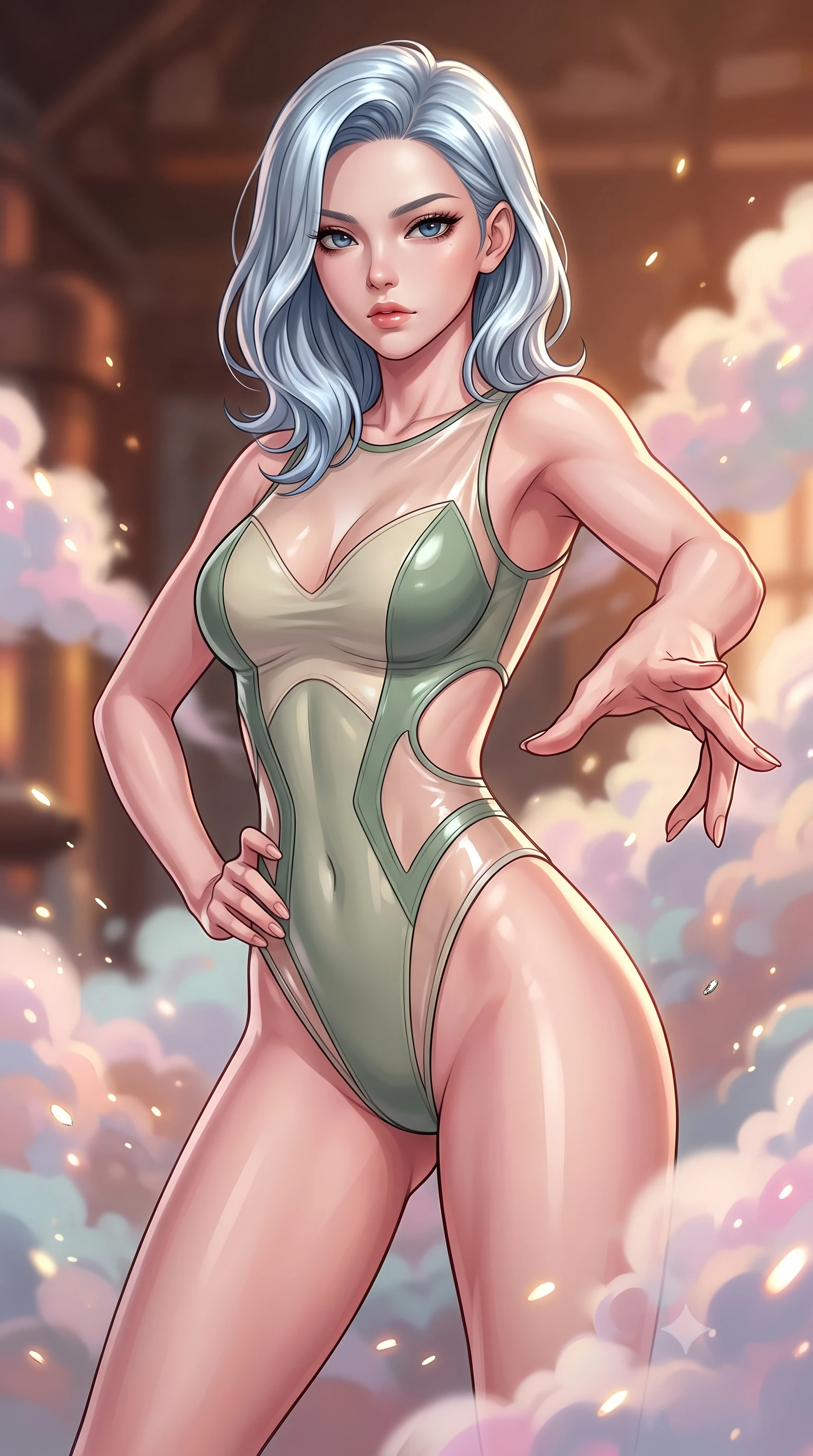 score_9, masterpiece, best quality, ultra-detailed, high-budget anime keyframe, editorial fashion photography, tasteful artistic composition, Korean woman. close-up cowboy shot from the waist and thighs up, the character dominates the composition, filling the frame with her large presence, background elements kept in soft focus. Holding a powerful dynamic pose with one hand on her hip and body angled dramatically toward the key light while pivoting dynamically with one hand extending toward the viewer in a power pose, pastel-colored steam clouds scattering bright metallic highlights. She has an exceptionally elegant, slender, and willowy female figure with an ultra-slim waist, a gracefully sculpted slender torso, and a refined silhouette. sharp v-shaped jawline, high-bridge nose, intricate jewel-like eyes with depth, thick eyelashes, glossy lips with a natural sheen, flawlessly proportioned anatomical accuracy, natural body alignment, perfectly sculpted elegant limbs, clean dynamic posture without body distortion. wearing a high-cut translucent vinyl leotard with front paneling and open back in sage green and oatmeal, formed from sleek second-skin neoprene, featuring clean architectural cutouts along her slender torso, the form-contouring material highlighting her ultra-slim waist and long lines. surrounded by a warm, powerful industrial alchemy atmosphere. highly saturated vibrant anime colors, detailed shading with soft gradients, rich glossy textures, high-contrast stereoscopic depth, volumetric dynamic lighting, master piece, 9:16 ratio