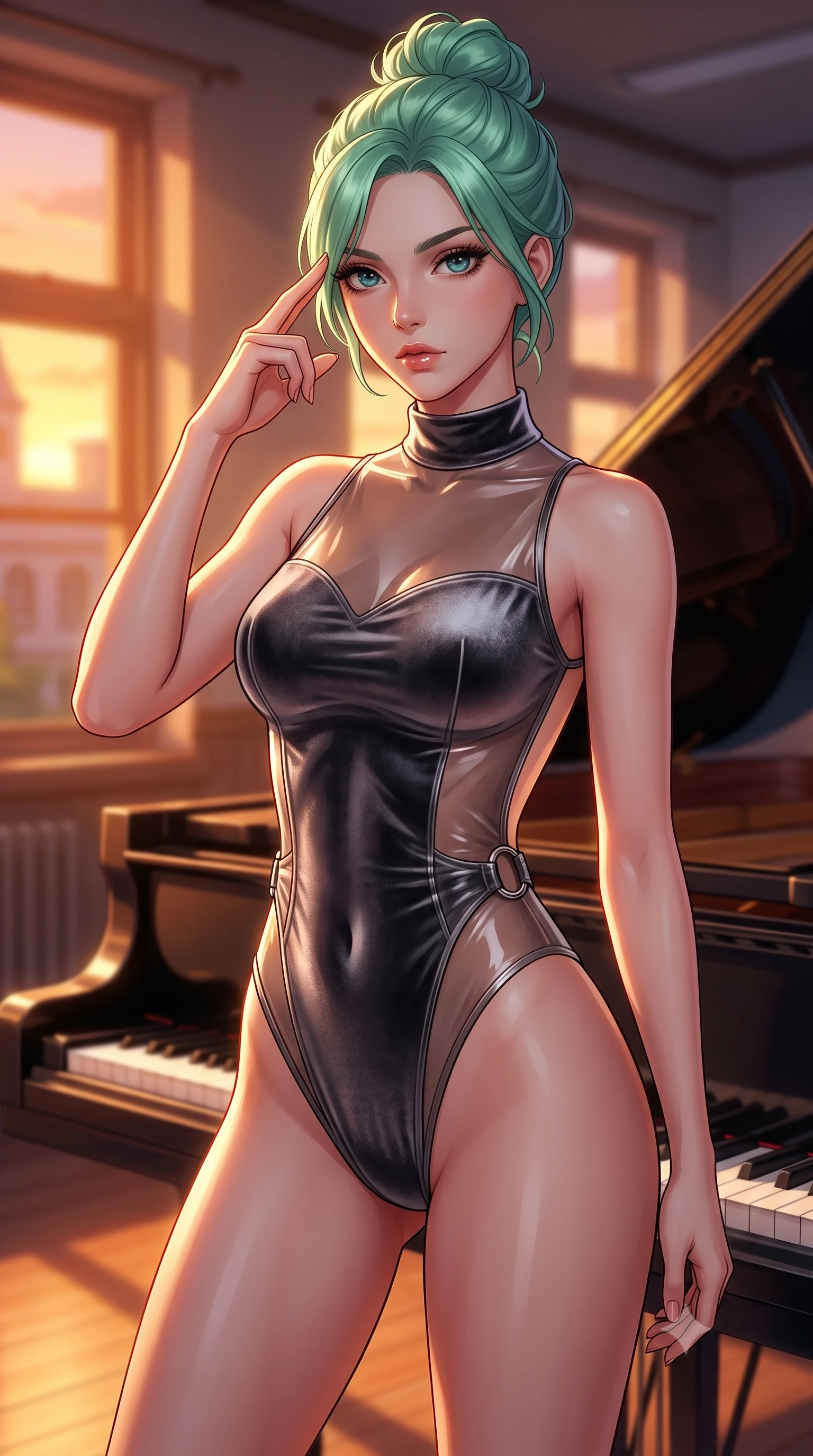 score_9, masterpiece, best quality, ultra-detailed, high-budget anime keyframe, editorial fashion photography, tasteful artistic composition, Japanese woman. close-up cowboy shot from the waist and thighs up, the character dominates the composition, filling the frame with her large presence, background elements kept in soft focus. Pressing two fingers to her temple in a composed thoughtful gesture with an air of magnetic charisma poised beside an antique grand piano in an empty music classroom at dusk, warm amber glow illuminating the quiet architectural details of the campus. She has an exceptionally elegant, slender, and willowy female figure with an ultra-slim waist, a gracefully sculpted slender torso, and a refined silhouette. sharp v-shaped jawline, high-bridge nose, intricate jewel-like eyes with depth, thick eyelashes, glossy lips with a natural sheen. wearing a high-cut translucent vinyl leotard with front paneling and open back in charcoal grey and platinum, made of premium stretch velvet with a rich sheen, accented with delicate chrome ring hardware framing her waist, the form-contouring material highlighting her ultra-slim waist and long lines. bathed in brilliant golden hour sunset rays and warm amber ambient light. highly saturated vibrant anime colors, detailed shading with soft gradients, rich glossy textures, high-contrast stereoscopic depth, volumetric dynamic lighting, master piece, 9:16 ratio