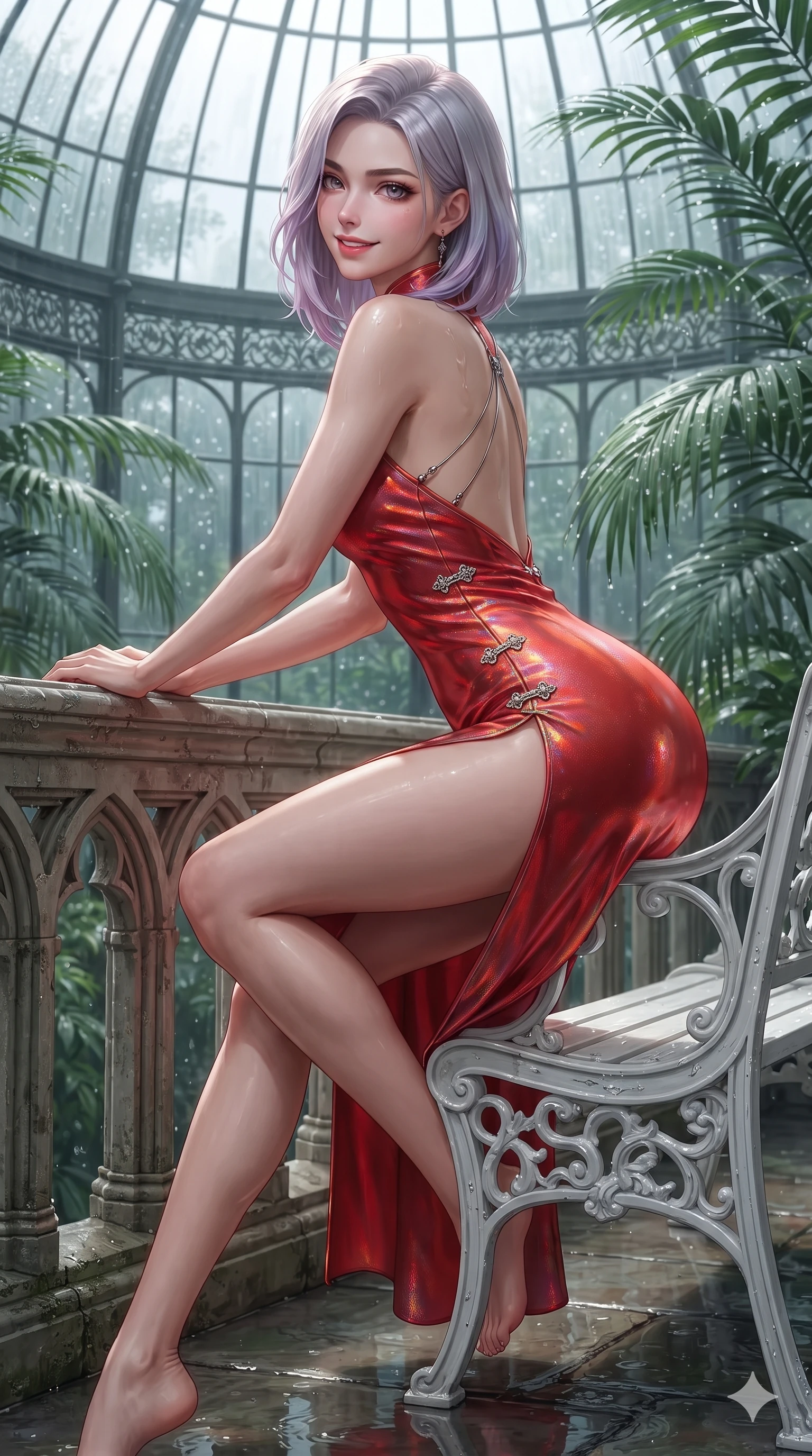 score_9, masterpiece, best quality, ultra-detailed, high-budget anime keyframe, editorial fashion photography, tasteful artistic composition, Caucasian woman. close-up cowboy shot from the waist and thighs up, the character dominates the composition, filling the frame with her large presence. leaning forward over the carved stone gothic balustrade, looking back with sleepy seductive bedroom-eyes as water reflections dance across her silhouette while sitting gracefully on the white cast-iron garden bench with legs crossed, flashing an enchanting smile with parted glossy lips. The surrounding environment is rendered in vivid detail and crisp panoramic clarity: sharp cast-iron botanical scrollwork, moisture droplets on glossy palm leaves, and crisp glass dome mullions in deep focus. She has an exceptionally elegant, slender, and willowy female figure with an ultra-slim waist, flat toned midriff, narrow ribcage, and sculpted feminine hips creating an alluring, slim hourglass silhouette without bulk. sharp v-shaped jawline, high-bridge nose, intricate jewel-like sparkling eyes with depth, thick eyelashes, glossy parted lips with a natural sheen, intensely captivating and seductive bedroom-eyes expression, exuding both youthful cute charm and sovereign luxury allure, flawlessly proportioned anatomical accuracy, strict slender model proportions, natural body alignment, perfectly sculpted long slender limbs, ultra-slim waistline, clean dynamic posture without body distortion. wearing an alluring high-slit wrap cheongsam secured by miniature jeweled clasps and revealing the curve of her hip in imperial vermilion silk and warm bronze, crafted from stretch micro-mesh with liquid foil coating that shimmers with every movement, accented with a chrome-drop body harness subtly framing her dewy collarbones and spine, the liquid-tight tailored fabric clinging flawlessly to her narrow waist and rounded feminine hips, emphasizing every millimeter of her sculpted slim hourglass curves without any bulky heaviness. illuminated by wet flagstone floor reflections and sharp emerald-gold rim lights sculpting her razor-sharp jawline, narrow waist, and curvy hips. ultra-reflective glossy finish, specular highlights, rich textural contrasts, high-contrast stereoscopic depth, volumetric dynamic lighting, 2k, ultra detail, master piece, 9:16 ratio