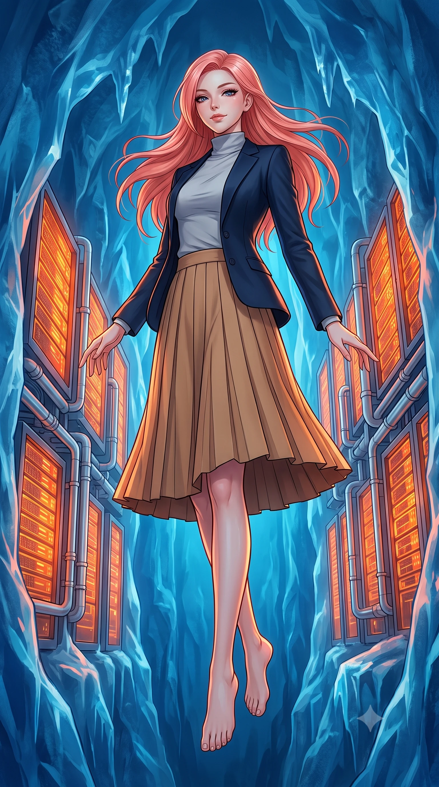 score_9, masterpiece, best quality, ultra-detailed, high-budget anime keyframe, editorial fashion photography, tasteful artistic composition, Japanese woman. low angle full-body shot from head to toe showing her feet, filling the entire 9:16 vertical frame with her statuesque presence, stretching her vertical silhouette. floating with a serene, happy lightness within inside a cavern made of deep blue glacial ice housing glowing orange computer servers cooled by complex silver piping systems. She has a statuesque 8.5-heads proportion, an exceptionally tall, slender and willowy model-like build with impossibly long legs and a highly sculpted ultra-slim waist. sharp v-shaped jawline, high-bridge nose, intricate jewel-like eyes with depth, thick eyelashes, glossy lips with a natural sheen. wearing a sleek slim-fit navy blazer layered over a light grey turtleneck and a tailored pleated camel midi skirt. intense orange glow from the servers reflecting off the icy blue walls, creating a dramatic warm-and-cold contrast. 2k, ultra detail, master piece, 9:16 ratio
