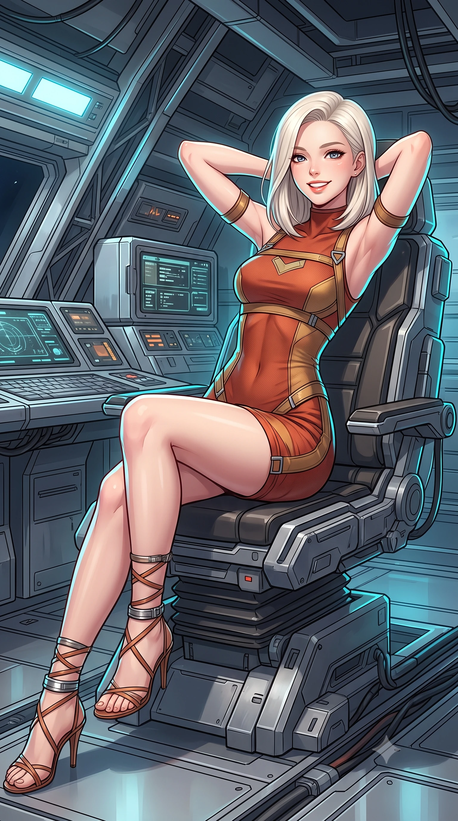 score_9, masterpiece, best quality, ultra-detailed, high-budget anime keyframe, semi-realistic 3D game render, editorial fashion photography, tasteful artistic composition, Caucasian woman. close-up cowboy shot from the waist and thighs up, the character dominates the composition, filling the frame with her large presence. resting both hands lightly behind her neck with elbows raised, arching her spine to highlight her narrow waist, flat midriff, and breathtaking collarbones while lounging gracefully across the tactical gunner seat propped on one elbow with legs extended, displaying her long slender limbs and statuesque hourglass silhouette with regal anime flair. The surrounding environment is rendered in vivid detail and crisp panoramic clarity: detailed anime keyframe lines, rich fabric textures, and monumental space defense weapon architecture in razor-sharp precision. She has an exceptionally elegant, slender, and willowy female figure with an ultra-slim waist, flat toned midriff, narrow ribcage, and sculpted feminine hips creating an alluring, slim hourglass silhouette without bulk. sharp v-shaped jawline, high-bridge nose, intricate jewel-like sparkling eyes with depth, thick eyelashes, glossy parted lips with a natural peach sheen, bright cheerful beaming smile with an enchanting and coquettish sensual glint, exuding both youthful cute charm and seductive allure, flawlessly proportioned anatomical accuracy, strict slender model proportions, natural body alignment, perfectly sculpted long slender limbs, ultra-slim waistline, clean dynamic posture without body distortion. wearing a dense bandage-knit tactical officer dress with subtle geometric chest accents contouring her delicate ribcage and feminine hips in Martian desert terracotta and dust-storm gold, made of fluid liquid jersey with seamless sculpting hold and smooth contours, complemented by strappy stiletto sandals with metallic ankle wraps accentuating her slender calves, the form-contouring silhouette accentuating her sculpted flat midriff, narrow delicate ribcage, and gracefully curvy hips with intoxicating allure. illuminated by titanium deck reflection bounce and sharp electric-cyan rim lights sculpting her jawline, narrow waist, and curvy hips. highly saturated vibrant anime colors, detailed shading with soft gradients, rich glossy textures, high-contrast stereoscopic depth, volumetric dynamic lighting, master piece, 9:16 ratio