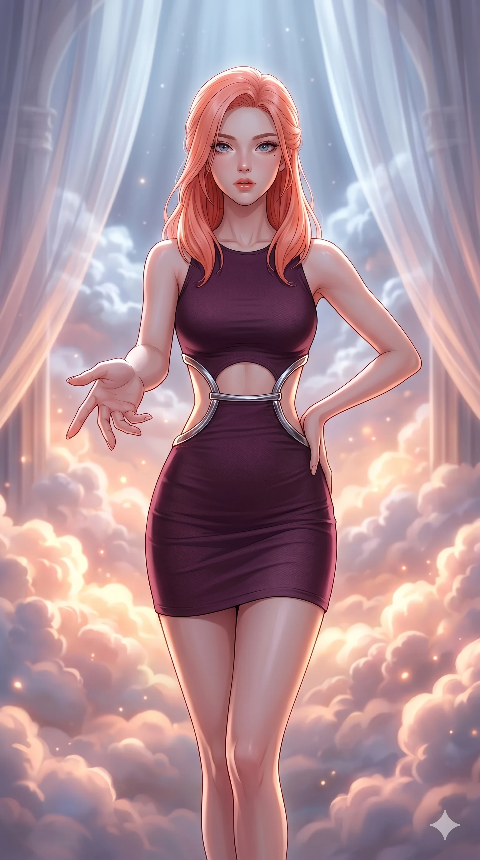 score_9, masterpiece, best quality, ultra-detailed, high-budget anime keyframe, editorial fashion photography, tasteful artistic composition, Korean woman. cowboy shot from the thighs up, character and outfit filling the frame for maximum editorial presence. Reaching one hand toward the viewer with relaxed elegance inside a luminous cloud palace where cumulus formations glow with amber and rose from within. She has an absolutely perfect 8-heads proportion, an exceptionally tall and slender female figure with impossibly long slender legs and an ultra-slim waist. V-shaped jawline, high-bridge nose, intricate jewel-like eyes with depth, thick eyelashes, glossy lips with a natural sheen. wearing a deep plum precision bodycon mini dress with a dramatic architectural open-waist cutout framed by sculptural chrome hardware, the fitted fabric emphasizing her ultra-slim waist above and below. bathed in cold silver moonlight filtered through translucent gossamer curtains casting soft shadows on her curves. 2k, ultra detail, master piece, 9:16 ratio