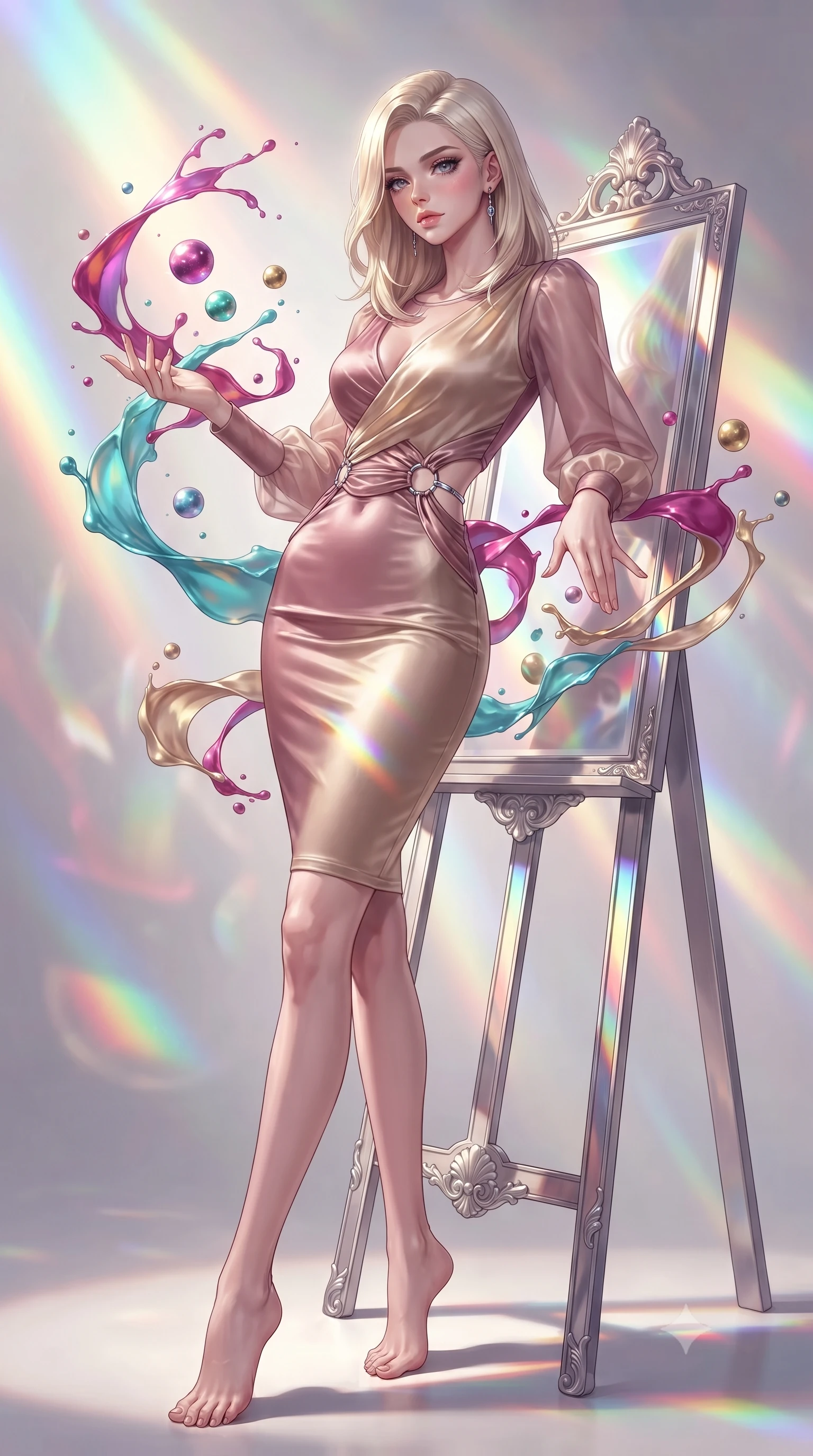 score_9, masterpiece, best quality, ultra-detailed, high-budget anime keyframe, editorial fashion photography, tasteful artistic composition, Caucasian woman. low angle full-body shot from head to toe showing her feet, filling the entire 9:16 vertical frame with her statuesque presence, stretching her vertical silhouette. interacting gracefully with the magical floating elements while maintaining a confident posture leaning against a mirrored easel surrounded by suspended pigment spheres, swirling ribbons of magenta, turquoise, and gold liquid paint in zero-gravity. She has an absolutely perfect, statuesque 8.5-heads proportion, an exceptionally tall and slender model-like female figure with impossibly long slender legs and an ultra-slim waist. sharp v-shaped jawline, high-bridge nose, intricate jewel-like eyes with depth, thick eyelashes, glossy lips with a natural sheen. wearing a sleek bodycon knit dress with sheer organza sleeve panels in dusty rose and champagne gold, crafted from lustrous satin jersey with fluid draping, accented with delicate chrome ring hardware framing her waist, the elegant draped fit framing her graceful clavicle and slender torso. illuminated by brilliant multi-color rainbow light refracting through glass. highly saturated vibrant anime colors, detailed shading with soft gradients, rich glossy textures, high-contrast stereoscopic depth, volumetric dynamic lighting, master piece, 9:16 ratio