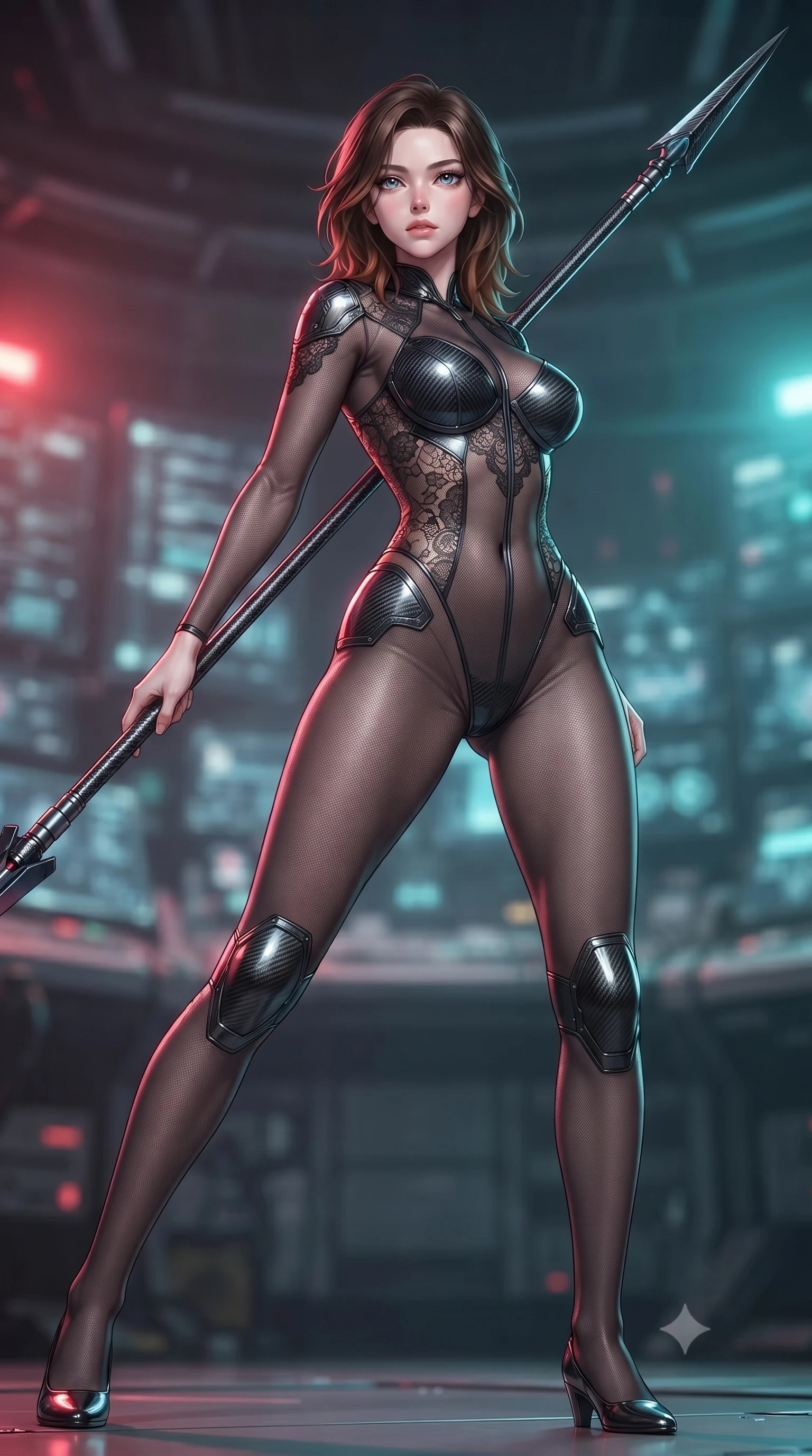 score_9, masterpiece, best quality, ultra-detailed, high-budget anime keyframe, editorial fashion photography, tasteful artistic composition, Korean woman. low angle full-body shot from head to toe showing her feet, filling the entire 9:16 vertical frame with her statuesque presence, stretching her vertical silhouette. standing in a dynamic combat stance with a carbon-fiber spear held diagonally, stretching her statuesque body, the background shows a soft-focus a communications bay filled with glowing data-shards and signal antennas. She has an absolutely perfect, statuesque 8.5-heads proportion, an exceptionally tall and slender model-like female figure with impossibly long slender legs and an ultra-slim waist. sharp v-shaped jawline, high-bridge nose, intricate jewel-like eyes with depth, thick eyelashes, glossy lips with a natural sheen. wearing a form-contouring semi-opaque dark mesh catsuit with carbon-plated cups and fine lace-pattern panels across her torso. pulsing red and cyan beacon lights casting subtle, colorful highlights on her profile. ultra-reflective glossy finish, specular highlights, metallic sheen, high-contrast stereoscopic depth, volumetric dynamic lighting, 2k, ultra detail, master piece, 9:16 ratio