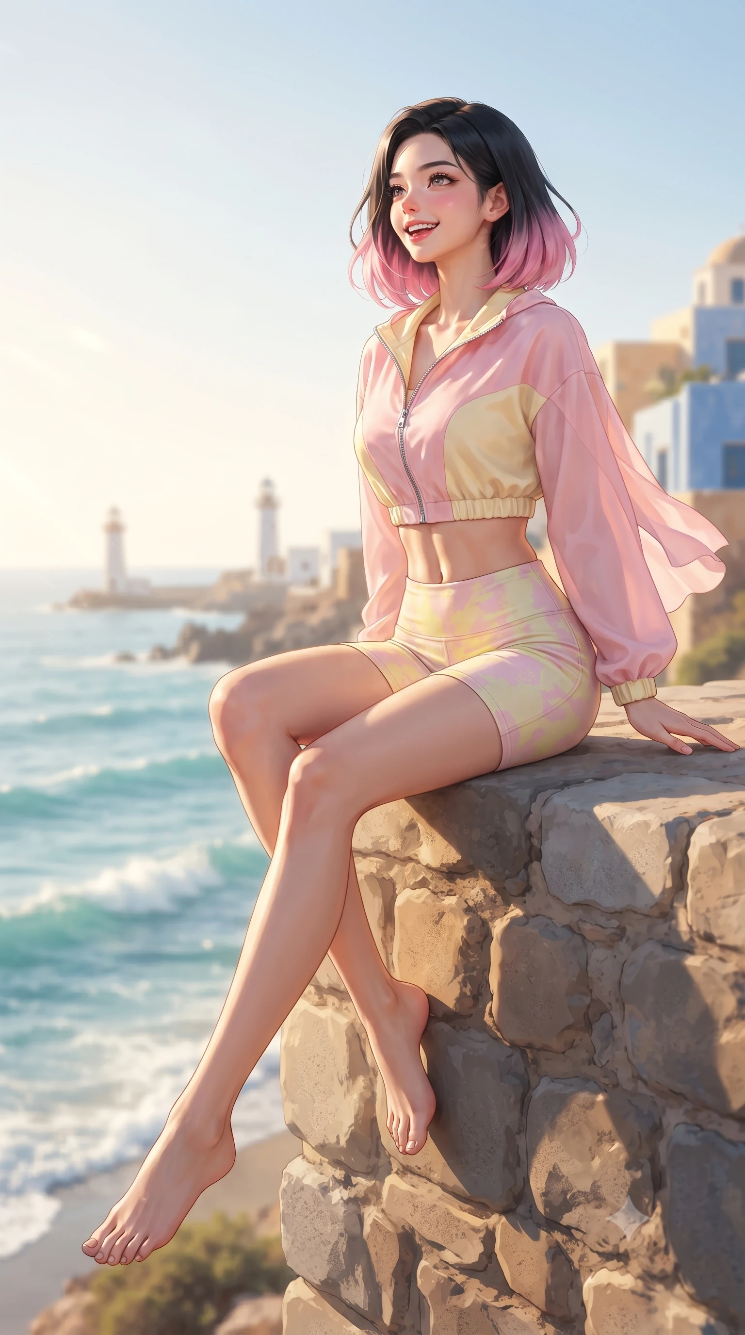 score_9, masterpiece, best quality, ultra-detailed, high-budget anime keyframe, editorial fashion photography, tasteful artistic composition, Korean woman. low angle full-body shot from head to toe showing her feet, filling the entire 9:16 vertical frame with her statuesque presence, stretching her vertical silhouette. sitting perched on the elevated edge with legs crossed and hips angled toward the camera, displaying her toned midriff and long slender limbs with a joyful, coquettish smile while turning in an alluring dancer S-curve as her breezy sundress catches the island wind, gazing toward the sunlit horizon with parted glossy lips. The composition keeps background elements in soft focus with dreamy creamy bokeh. gentle ocean waves and distant coastal lighthouses softened in breezy vacation shallow focus. She has an exceptionally tall and slender model-like 8.5-heads proportion, an ultra-slim waist, a flat toned midriff, narrow delicate ribcage, and beautifully sculpted feminine hips creating a graceful, slim hourglass silhouette without any bulky heaviness, with impossibly long slender legs. sharp v-shaped jawline, high-bridge nose, intricate jewel-like sparkling eyes with depth, thick eyelashes, glossy parted lips with a natural peach sheen, bright cheerful beaming smile with an enchanting and coquettish sensual glint, exuding both youthful cute charm and seductive allure, flawlessly proportioned anatomical accuracy, strict slender model proportions, natural body alignment, perfectly sculpted long slender limbs, ultra-slim waistline, clean dynamic posture without body distortion. wearing a sporty chic zip-up crop jacket paired with high-waisted biker shorts clinging to her athletic hips in sweet strawberry milk pink and butter yellow, tailored from fine lightweight chiffon that flutters gently in the breeze, finished with criss-cross back satin straps highlighting her graceful shoulder blades, the precision-cut side openings and low-back scoop framing her graceful spine and the sensual sweep of her slim, toned hips. illuminated by warm golden sunbursts sharply carving her razor-sharp jawline, narrow waist, and curvy hips. ultra-reflective glossy finish, specular highlights, rich textural contrasts, high-contrast stereoscopic depth, volumetric dynamic lighting, 2k, ultra detail, master piece, 9:16 ratio