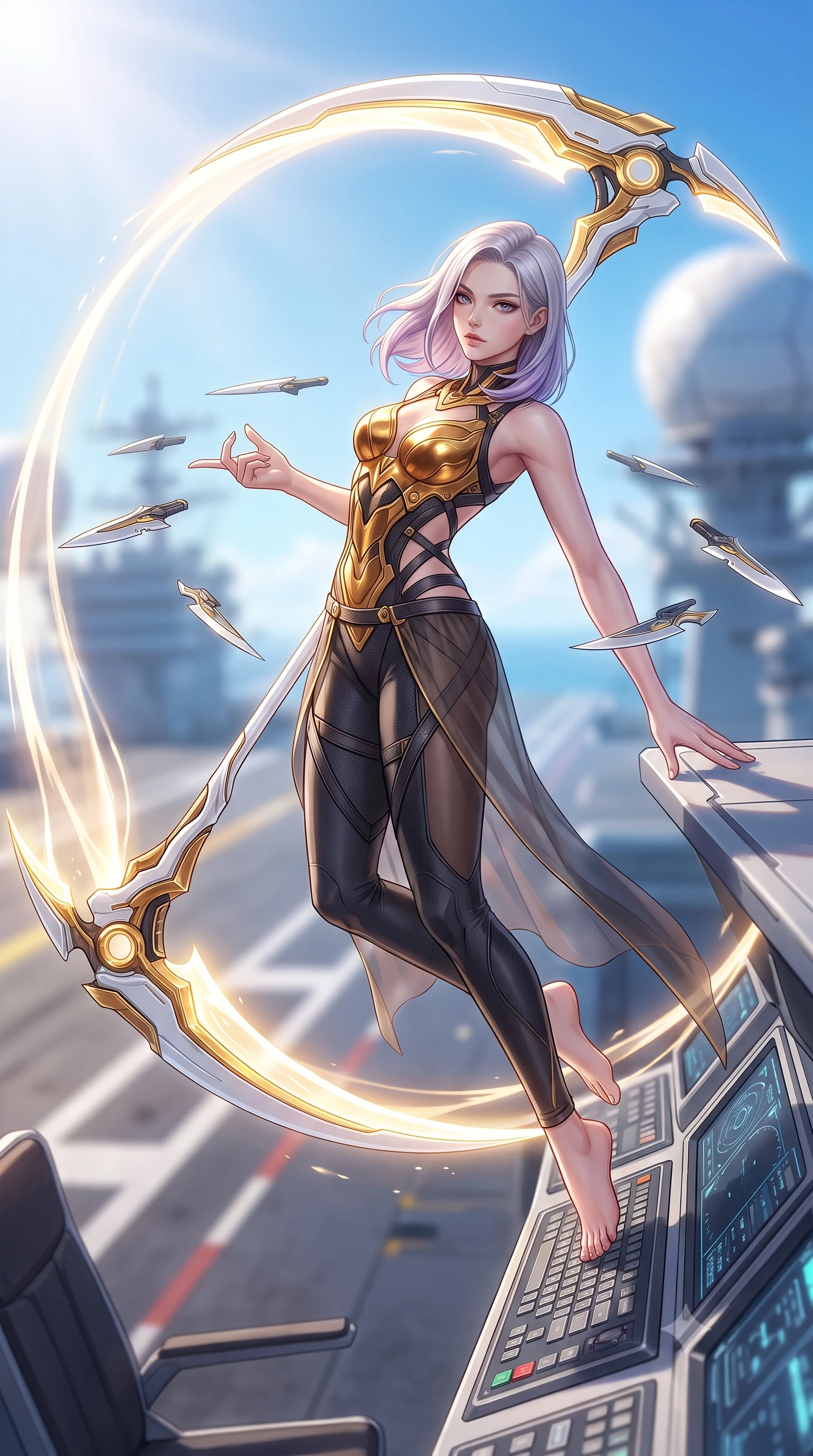 score_9, masterpiece, best quality, ultra-detailed, high-budget anime keyframe, semi-realistic 3D game render, editorial fashion photography, tasteful artistic composition, Caucasian woman. low angle full-body shot from head to toe showing her feet, filling the entire 9:16 vertical frame with her statuesque presence, stretching her vertical silhouette. arching her back gracefully in mid-air during a dynamic combat vault, her weapon energy trail framing her statuesque presence while leaning against a flight control console with one hand extended, directing the floating blades with graceful finger gestures. The composition keeps background elements in soft focus with creamy bokeh. carrier deck catapult tracks and radar radomes softened in luminous shallow depth of field. She has an absolutely perfect, statuesque 8.5-heads proportion, an exceptionally tall and slender model-like female figure with impossibly long slender legs, a toned flat midriff, and an ultra-slim waist. sharp v-shaped jawline, high-bridge nose, intricate jewel-like eyes with depth, thick eyelashes, glossy lips with a natural sheen, flawlessly proportioned anatomical accuracy, strict slender model proportions, natural body alignment, perfectly sculpted long slender limbs, ultra-slim waistline, clean dynamic posture without body distortion. wearing a sculpted molten-gold and dark carbon cuirass paired with high-mobility combat leggings and sheer side drapes, wielding a glowing plasma energy scythe with fluid grace in arctic white carbon composite with radiant solar gold plating, formed from high-gloss patent carbon-plating with specular chiaroscuro reflections, complemented by criss-cross back harness straps highlighting her completely bare spine, the glove-like aerodynamic second-skin fit tightly clinging to her ultra-slender waist and athletic curves without adding bulk, accentuating her razor-sharp statuesque lines and slim hourglass silhouette. bathed in dazzling high-noon sunlight and rich sky-blue ambient bounce light. rich saturated anime colors with glowing neon highlights, detailed shading with soft gradients, rich glossy textures, high-contrast stereoscopic depth, volumetric dynamic lighting, master piece, 9:16 ratio