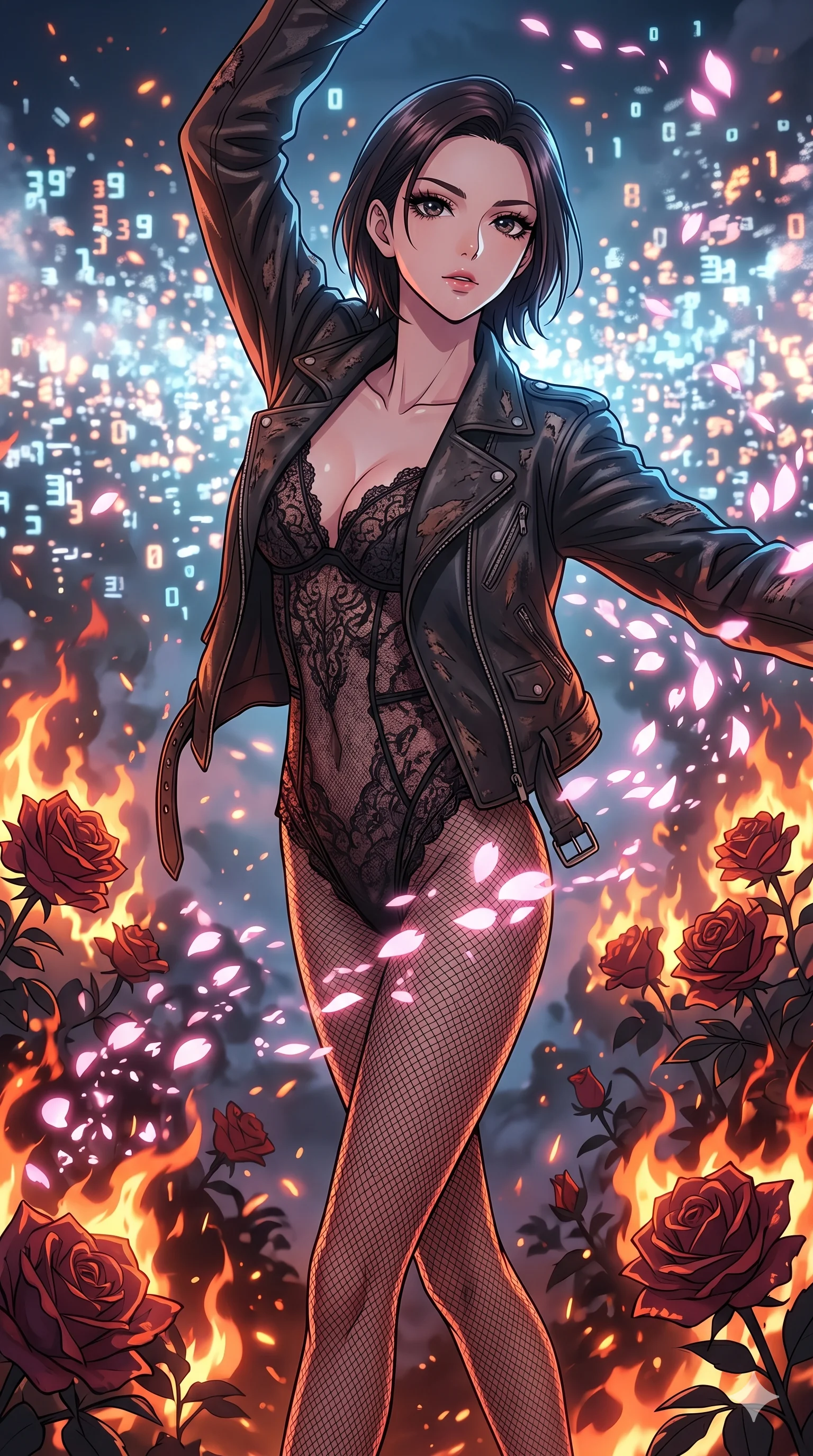 score_9, masterpiece, best quality, ultra-detailed, Set A: High-budget Anime Keyframe, Japanese woman. Upper body close-up from the thighs up, character filling the screen for maximum presence. Dancing through a burning rose garden, while a digital blizzard of 39 bits obscures the horizon and surrounded by digital sakura petals. She has an absolutely perfect 8-heads proportion, an exceptionally tall and slender female figure with impossibly long slender legs and an ultra-slim waist. Sharp v-shaped jawline, high-bridge nose, intricate jewel-like eyes with depth, thick eyelashes, glossy lips with a natural sheen. Wearing Distressed leather jacket over a delicate lace teddy and fishnet stockings. Cinematic lighting, vibrant colors, dramatic shadows, 2k, ultra detail, master piece, 9:16 ratio