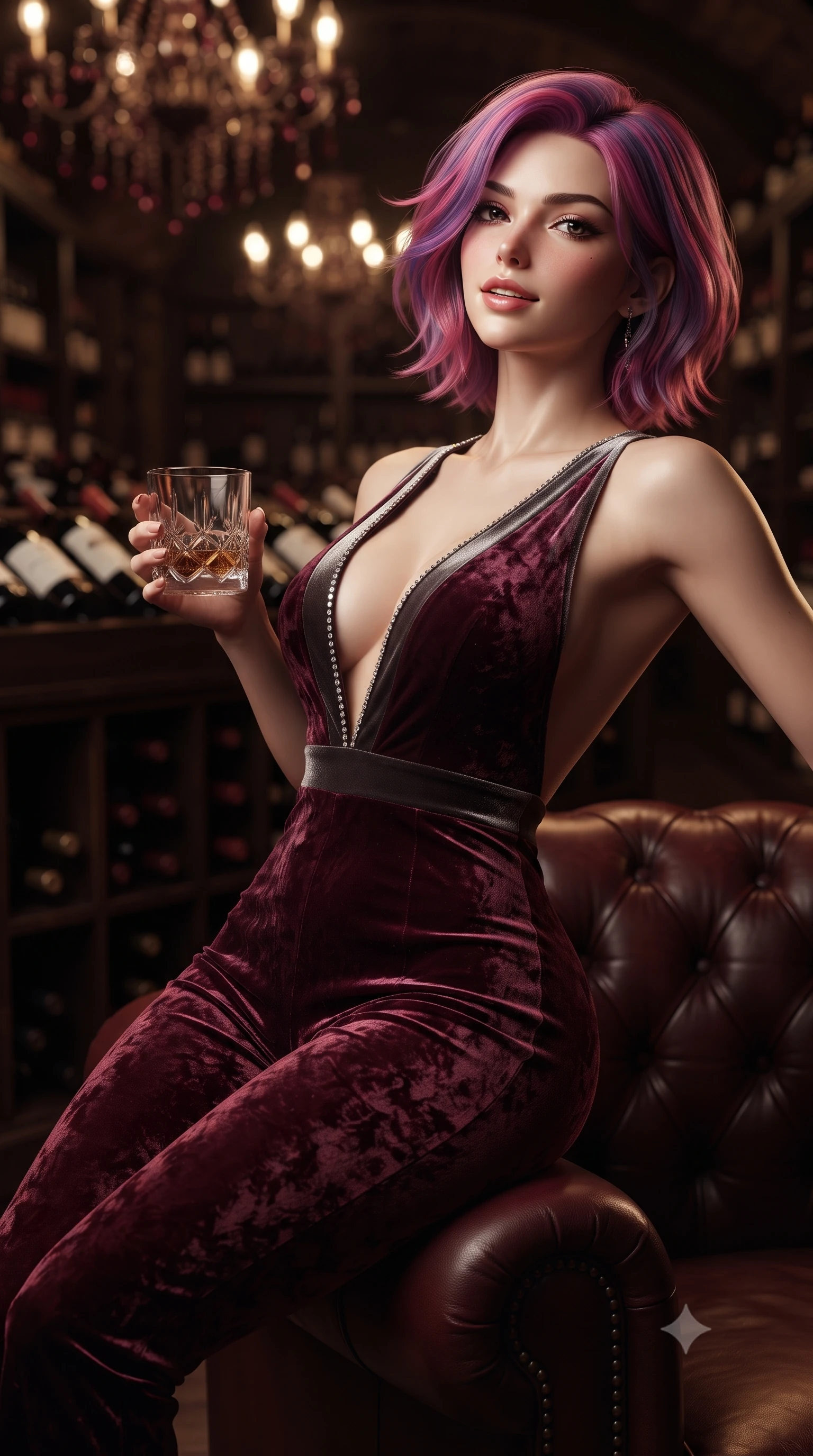 score_9, masterpiece, best quality, ultra-detailed, high-budget anime keyframe, editorial fashion photography, tasteful artistic composition, Caucasian woman. close-up cowboy shot from the waist and thighs up, the character dominates the composition, filling the frame with her large presence. tilting her chin up slightly with lips parted in a composed, sovereign expression, her body curving in an alluring S-line that accentuates her hip contour while reclining back into the tufted dark oxblood Chesterfield armchair, arching her spine with effortless dominance while holding a crystal whiskey tumbler. The composition keeps background elements in soft focus with dreamy creamy bokeh. thousands of vintage wine bottles resting in dark oak bins and crystal chandeliers blurred into deep burgundy, bronze, and antique gold bokeh. She has an exceptionally elegant, slender, and willowy female figure with an ultra-slim waist, flat toned midriff, narrow ribcage, and sculpted feminine hips creating an alluring, slim hourglass silhouette without bulk. sharp v-shaped jawline, high-bridge nose, intricate jewel-like dark sparkling eyes with dangerous depth, thick curled eyelashes, glossy parted lips with a rich wine sheen, smoldering seductive half-smile with bedroom-eyes, exuding effortless superiority and intoxicating dark allure, flawlessly proportioned anatomical accuracy, strict slender model proportions, natural body alignment, perfectly sculpted long slender limbs, ultra-slim waistline, clean dynamic posture without body distortion. wearing a second-skin dark burgundy stretch-velvet jumpsuit with a plunging neckline and open back in shimmering pewter and noir velvet black, tailored from crushed dark velvet with deep light-absorbing plush texture, finished with subtle crystal rhinestones lining the plunging neckline, the liquid-tight tailored fabric clinging flawlessly to her narrow waist and rounded feminine hips, emphasizing every millimeter of her sculpted slim hourglass curves without any bulky heaviness. illuminated by focused amber key light and dark bronze rim light carving her razor-sharp jawline, narrow waist, and curvy hips. ultra-reflective glossy finish, specular highlights, rich textural contrasts, high-contrast stereoscopic depth, volumetric dynamic lighting, 2k, ultra detail, master piece, 9:16 ratio