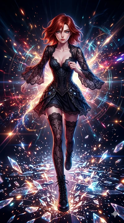 score_9, masterpiece, best quality, ultra-detailed, Set A: High-budget Anime Keyframe, Korean woman. Low angle cowboy shot filling the entire 9:16 frame with her statuesque presence. Sprinting through a virtual reality void, as the ground beneath her