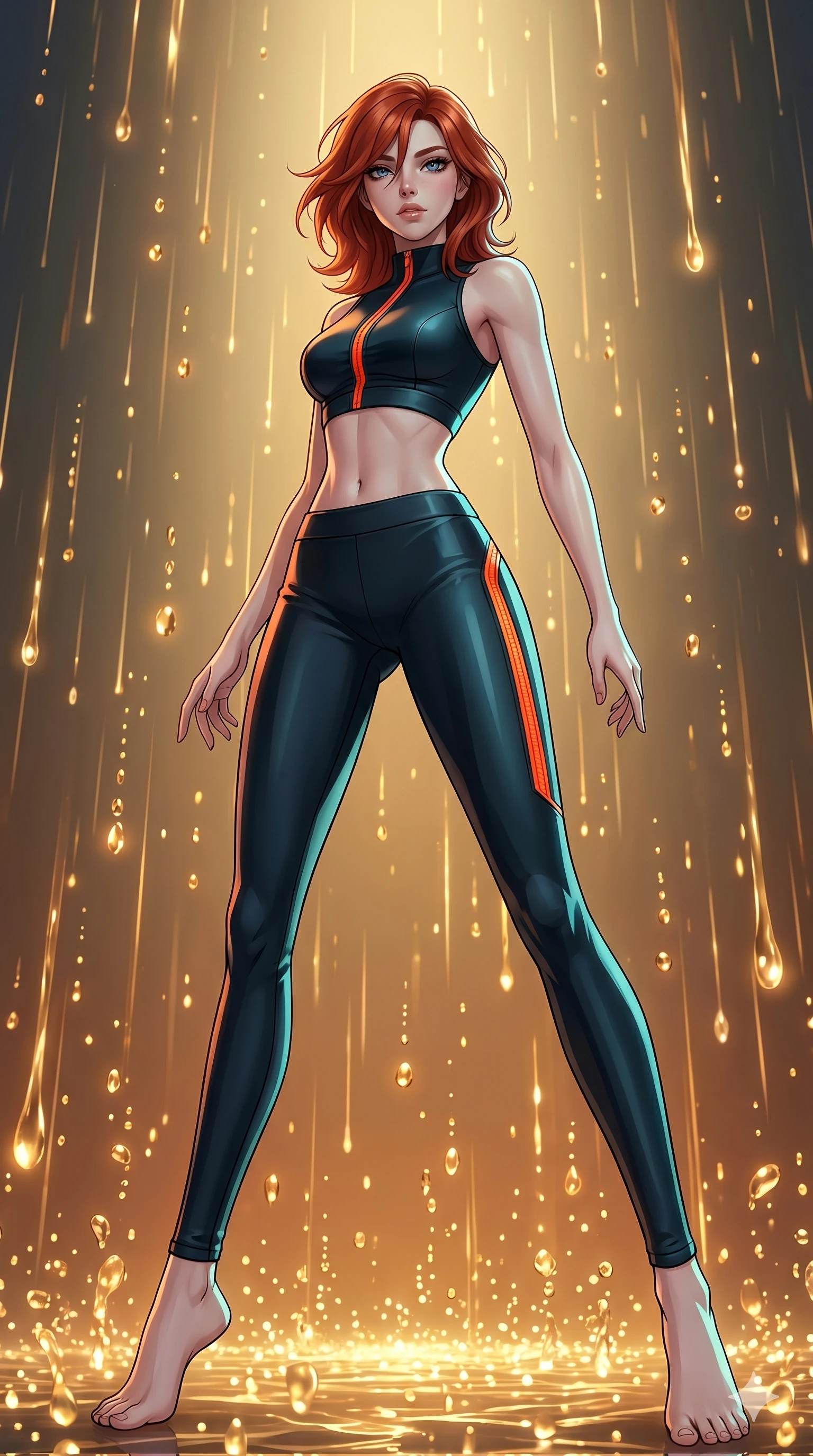 score_9, masterpiece, best quality, ultra-detailed, high-budget anime keyframe, Caucasian woman, strictly human ears. low angle full-body shot filling the entire 9:16 frame with her statuesque presence, stretching the vertical silhouette. dodging ethereal liquid gold rain that rises upward from the ground in warm shimmering droplets under an inverted gravity field. She has an absolutely perfect 8-heads proportion, an exceptionally tall and slender female figure with impossibly long slender legs and an ultra-slim waist. V-shaped jawline, high-bridge nose, intricate jewel-like eyes with depth, thick eyelashes, glossy lips with a natural sheen.. wearing a second-skin neoprene cyber-athleisure set, featuring a tight crop top and leggings with fluorescent orange zipper accents and side slash panels. accented by dynamic color-blocked lighting with high-contrast shadows emphasizing her statuesque height. 2k, ultra detail, master piece, 9:16 ratio