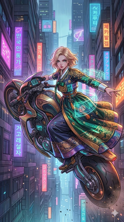 score_9, masterpiece, best quality, ultra-detailed, high-budget anime movie keyframe, cinematic anime lighting, intricate line art, Japanese woman. Mid-air action shot capturing a graceful twist and vertical silhouette. piloting a hover-bike through 