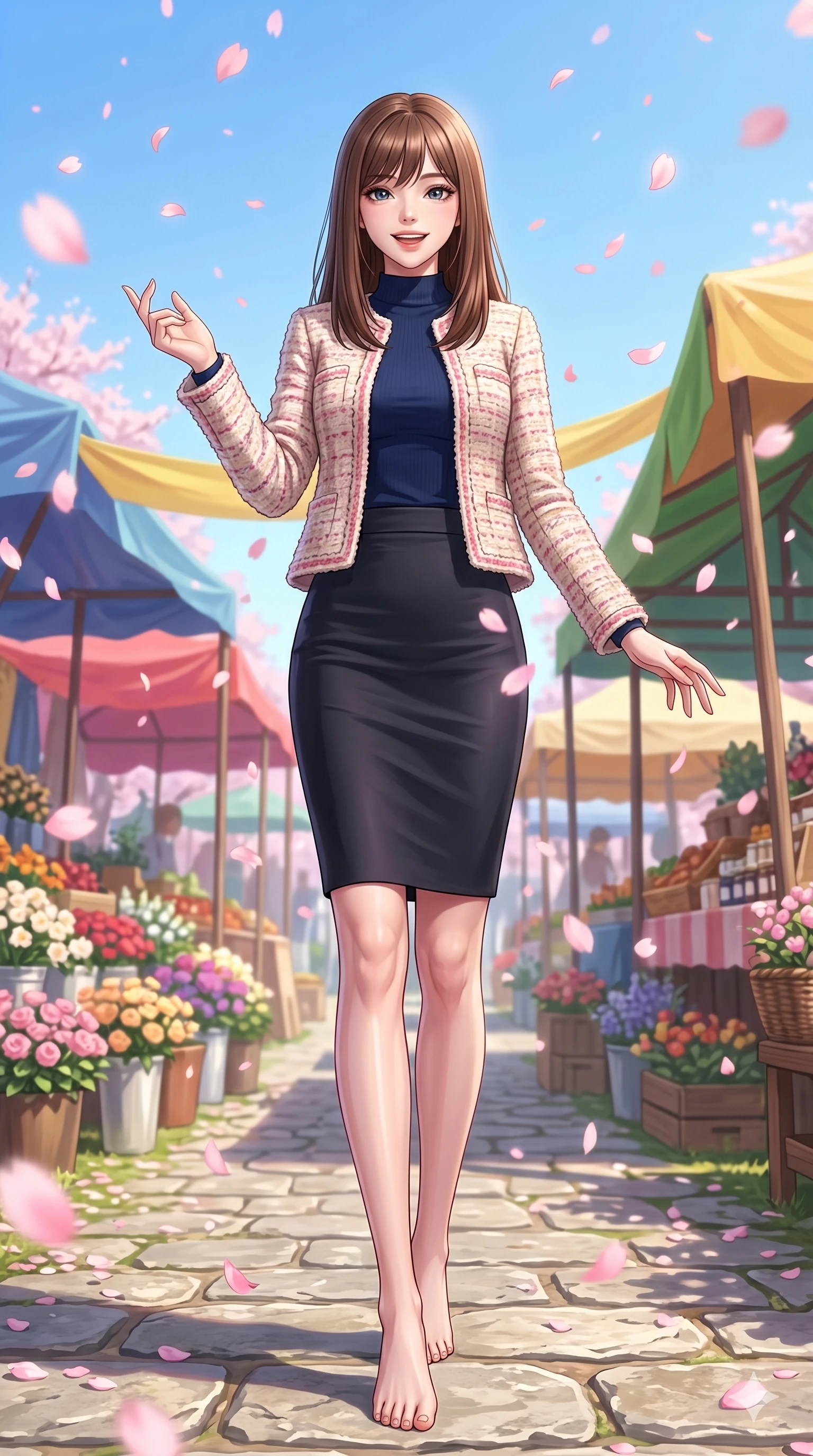 score_9, masterpiece, best quality, ultra-detailed, high-budget anime keyframe, vibrant anime aesthetic, Korean woman. low angle full-body shot from head to toe showing her feet, filling the entire 9:16 vertical frame with her statuesque presence, stretching her vertical silhouette. She is standing in a garden path, smiling delightfully as cherry blossoms fall around her by a vibrant outdoor market square with colorful flower stalls and bright sun (Code-P20-027). She has an absolutely perfect 8-heads proportion, an exceptionally tall and slender female figure with impossibly long slender legs and an ultra-slim waist. V-shaped jawline, high-bridge nose, intricate jewel-like eyes with depth, thick eyelashes, glossy lips with a natural sheen. wearing a chic bouclé jacket over a high-neck top and pencil skirt. She is soft glowing ambient light from a clear blue sky, highlighting her V-shaped jawline. 2k, ultra detail, master piece, 9:16 ratio