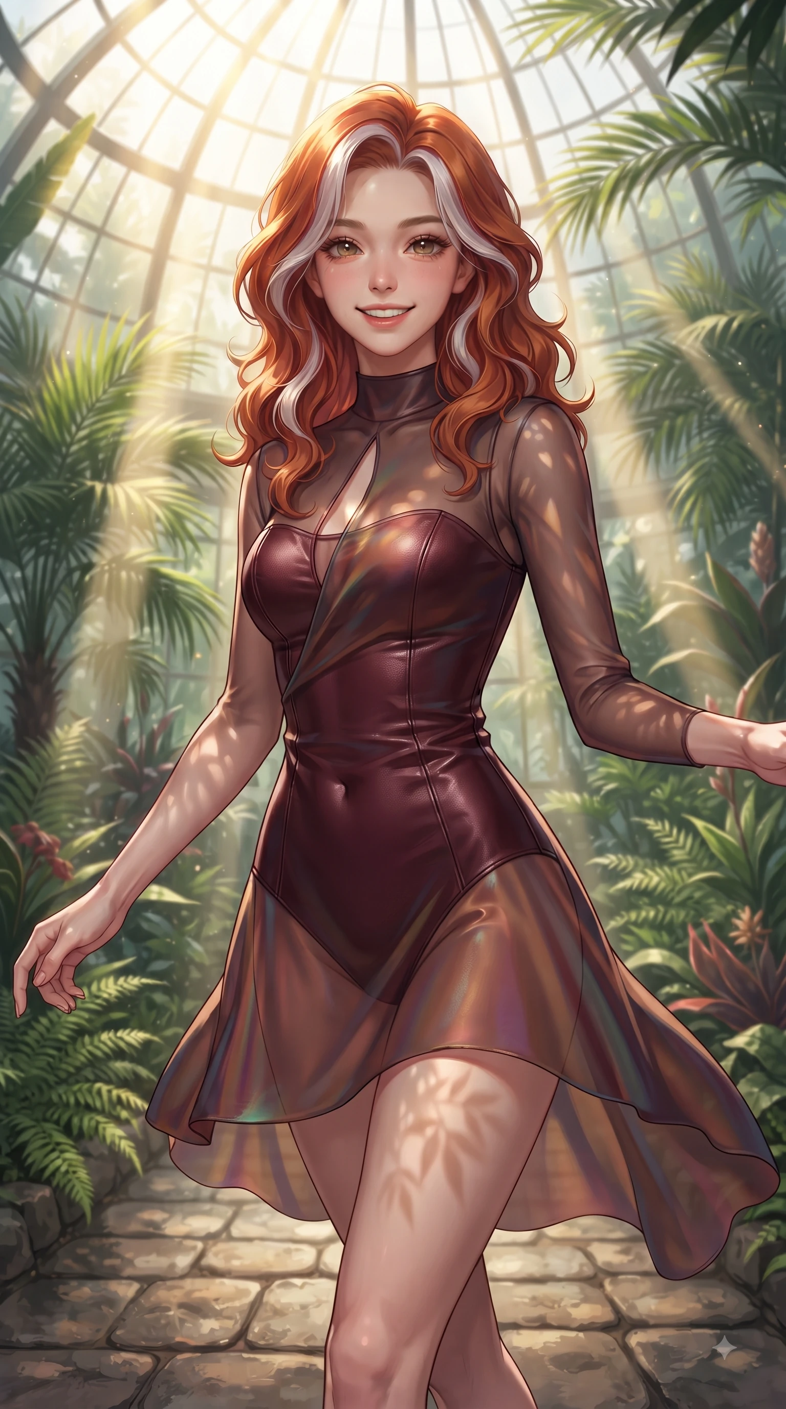 score_9, masterpiece, best quality, ultra-detailed, high-budget anime keyframe, editorial fashion photography, tasteful artistic composition, Caucasian woman. close-up cowboy shot from the waist and thighs up, the character dominates the composition, filling the frame with her large presence, background elements kept in soft focus. Cheerful beaming smile with sparkling eyes and a fresh girlhood aura, leaning forward with playful grace while walking along a stone path in a lush botanical greenhouse surrounded by tropical green palms, intense volumetric sunbeams penetrating glass dome panes in bright golden rays. She has an exceptionally elegant, slender, and willowy female figure with an ultra-slim waist, a gracefully sculpted slender torso, and a refined silhouette. sharp v-shaped jawline, high-bridge nose, intricate jewel-like eyes with depth, thick eyelashes, glossy lips with a natural sheen, flawlessly proportioned anatomical accuracy, natural body alignment, perfectly sculpted elegant limbs, clean dynamic posture without body distortion. wearing a semi-opaque sheer overlay dress over a leather micro-bodysuit in deep burgundy and bronze, crafted from iridescent chiffon that shifts colors in the light, accented with a Tasteful chest slit framing her clavicle gracefully, the glove-like fit emphasizing her statuesque silhouette during motion. illuminated by clear sunbeams casting organic leaf stencil shadows across her skin. ultra-reflective glossy finish, specular highlights, metallic sheen, high-contrast stereoscopic depth, volumetric dynamic lighting, 2k, ultra detail, master piece, 9:16 ratio