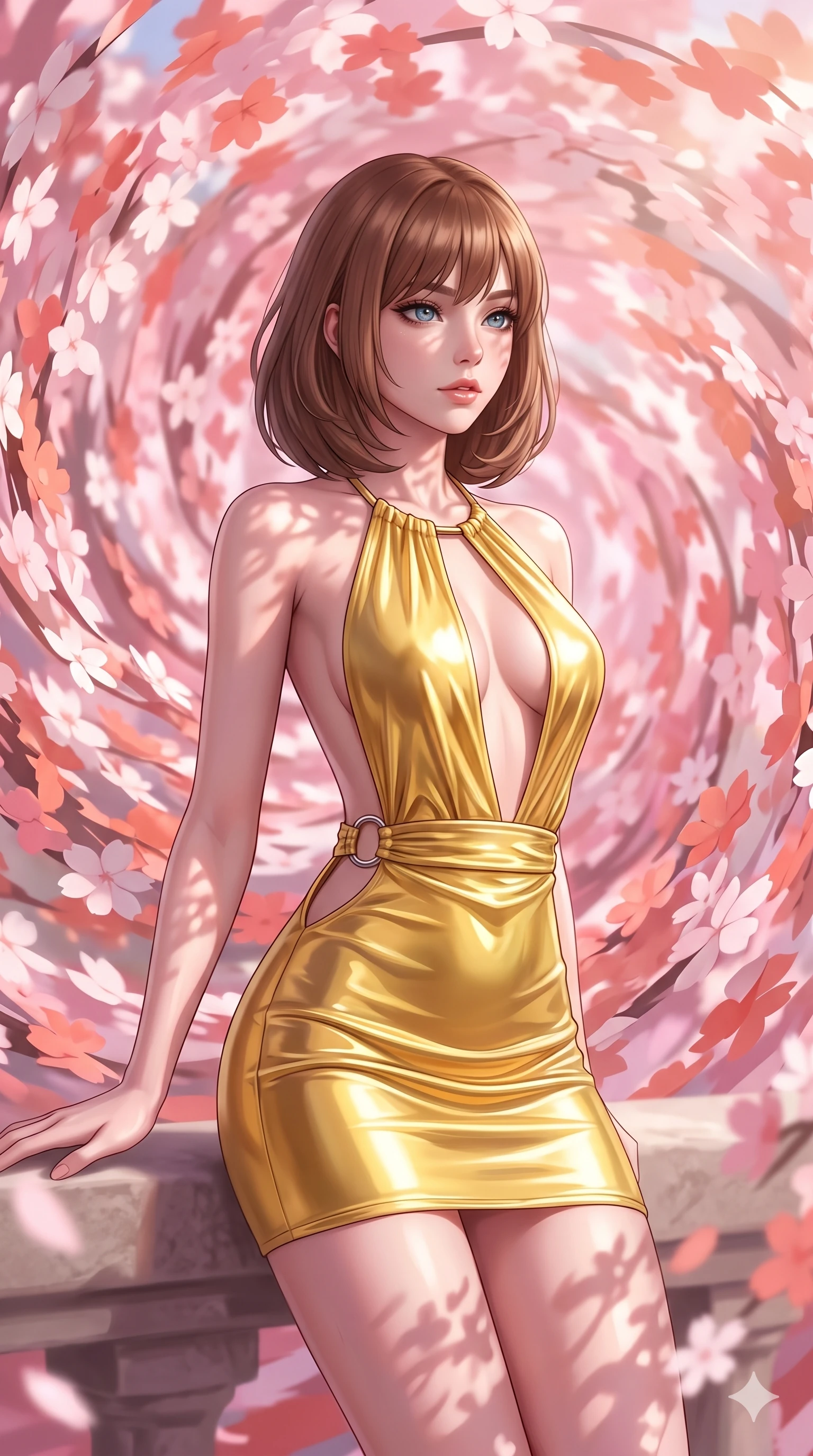 score_9, masterpiece, best quality, ultra-detailed, high-budget anime keyframe, editorial fashion photography, tasteful artistic composition, Caucasian woman, strictly human ears. close-up cowboy shot from the waist and thighs up, the character dominates the composition, filling the frame with her large presence, background elements kept in soft focus. Resting one arm elegantly against a surface with a poised relaxed stance. set against a soft-focus background of caught in a magnificent whirlwind of thousands of paper cherry blossoms that continuously unfold and refold in kaleidoscopic motion creating spiraling patterns of pink white and coral paper petals. She has an exceptionally elegant and slender, willowy female figure with an ultra-slim waist, a gracefully sculpted slender torso, and a refined slim physique. sharp v-shaped jawline, high-bridge nose, intricate jewel-like eyes with depth, thick eyelashes, glossy lips with a natural sheen. wearing a backless halter mini dress in liquid yellow gold, featuring a plunging front cutout and chrome rings at her ultra-slim waist. warm spring sunlight filtering through the paper petals creating a soft pink-tinted glow with dappled shadows that dance and shift constantly. 2k, ultra detail, master piece, 9:16 ratio