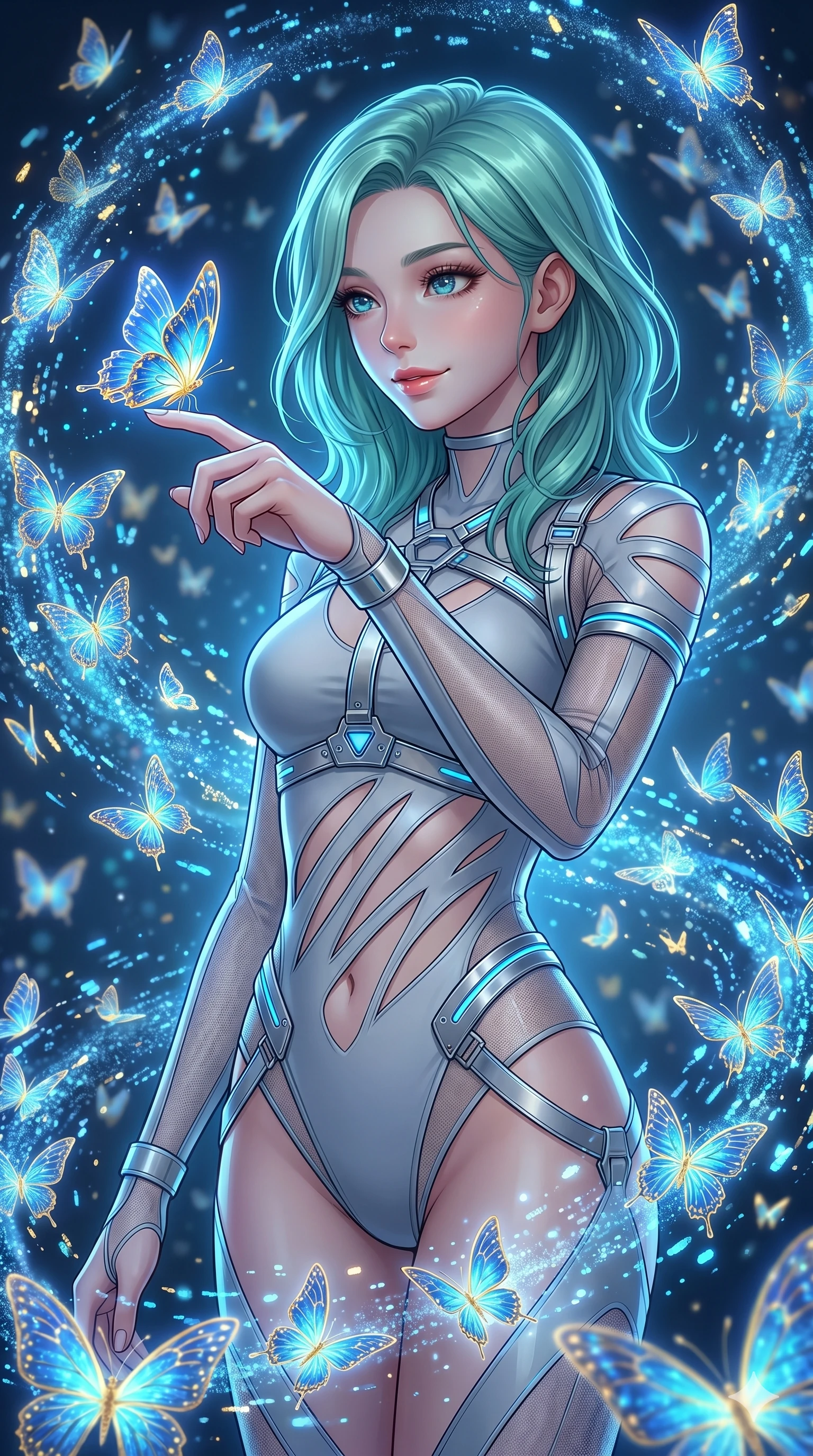 score_9, masterpiece, best quality, ultra-detailed, high-budget anime keyframe, Japanese woman. Upper body close-up from the thighs up, character filling the screen for maximum presence. She is surrounded by thousands of glowing digital butterflies that orbit her body. She reaches out to let one land on her finger, looking at it with a soft, captivating smile. She has an absolutely perfect 8-heads proportion, an exceptionally tall and slender female figure with impossibly long slender legs and an ultra-slim waist. V-shaped jawline, high-bridge nose, intricate jewel-like eyes with depth, thick eyelashes, glossy lips with a natural sheen. She is wearing an ultra-sleek high-cut tech-bodysuit featuring dangerous diagonal slitted cutouts on the midriff and shoulders, reinforced by a metallic silver harness and sheer mesh sleeves. The scene is lit by brilliant blue and gold light from the butterflies and a sharp side key light. 2k, ultra detail, master piece, 9:16 ratio