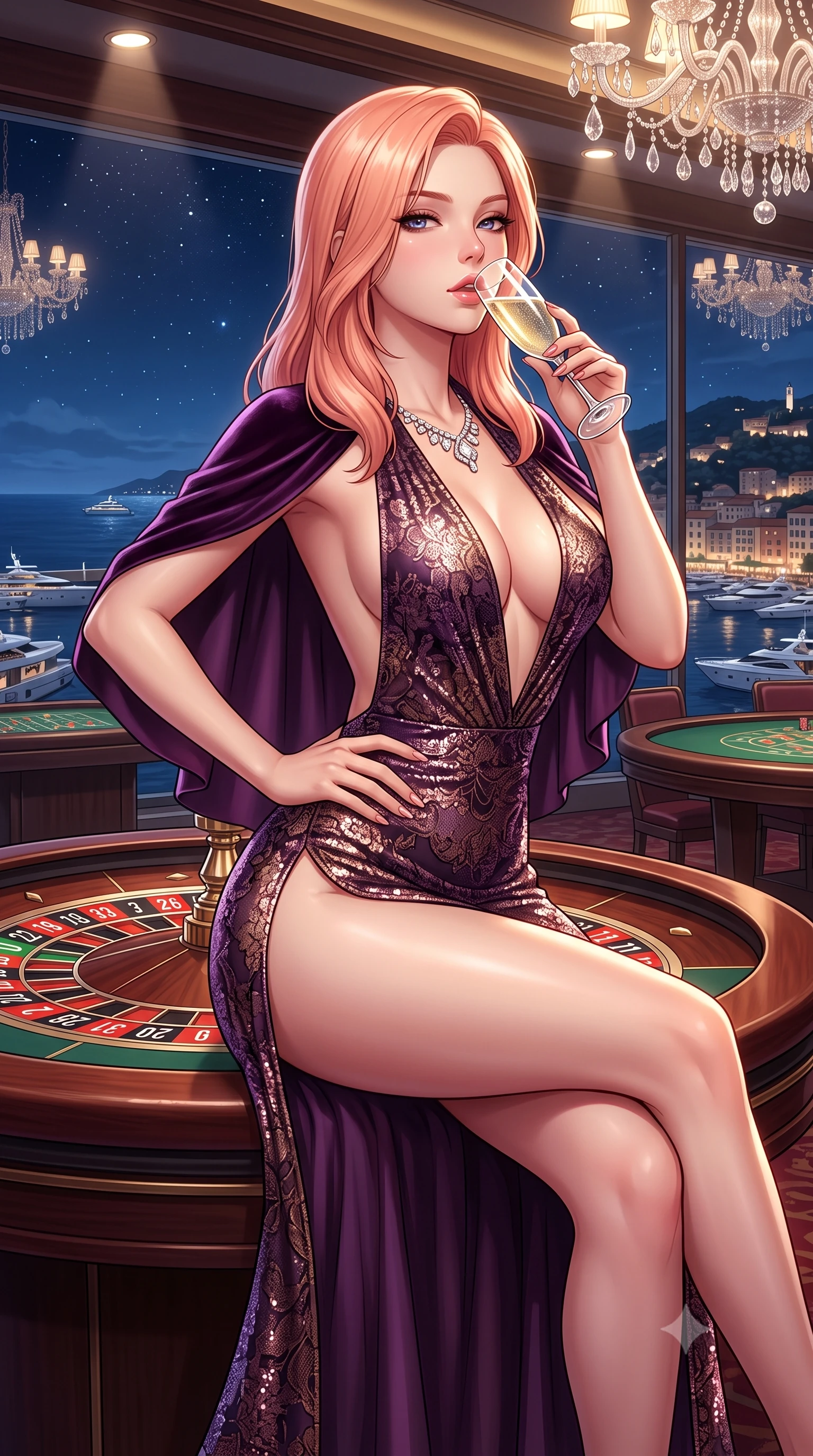score_9, masterpiece, best quality, ultra-detailed, high-budget anime keyframe, semi-realistic 3D game render, editorial fashion photography, tasteful artistic composition, Japanese woman. close-up cowboy shot from the waist and thighs up, the character dominates the composition, filling the frame with her large presence. resting one manicured hand delicately on her hip bone, her upper body turning in a fluid, seductive S-curve while parted lips glisten in the light while perching on the rim of a luxury mahogany roulette table with legs crossed, arching her lower back while holding a crystal champagne flute to her lips. The surrounding environment is rendered in vivid detail and crisp panoramic clarity. detailed sequin dress reflections, diamond necklace fire, and Mediterranean night harbor in high clarity. She has an exceptionally elegant, slender, and willowy female figure with an ultra-slim waist, a gracefully sculpted slender torso, toned flat midriff, and rounded feminine hips creating an alluring hourglass silhouette. sharp v-shaped jawline, high-bridge nose, intricate jewel-like eyes with depth, thick eyelashes, glossy parted lips with a natural sheen, intensely captivating and seductive bedroom-eyes expression, flawlessly proportioned anatomical accuracy, strict slender model proportions, natural body alignment, perfectly sculpted long slender limbs, ultra-slim waistline, clean dynamic posture without body distortion. wearing a plunging halter-neck liquid metallic gown with an ultra-deep open back and an ultra-high side slit ascending to the hip in deep plum violet and antique bronze, formed from shimmering floral lace over smooth opaque silk lining, complemented by a plush silk velvet capelet draped loosely over her shoulders, the glove-like aerodynamic silhouette tightly following the natural contour of her hips and long slender legs with statuesque precision. illuminated by crisp directional spotlights sharply defining her narrow waistline, sculpted spine, and curvy hips. highly saturated vibrant anime colors, detailed shading with soft gradients, rich glossy textures, high-contrast stereoscopic depth, volumetric dynamic lighting, master piece, 9:16 ratio