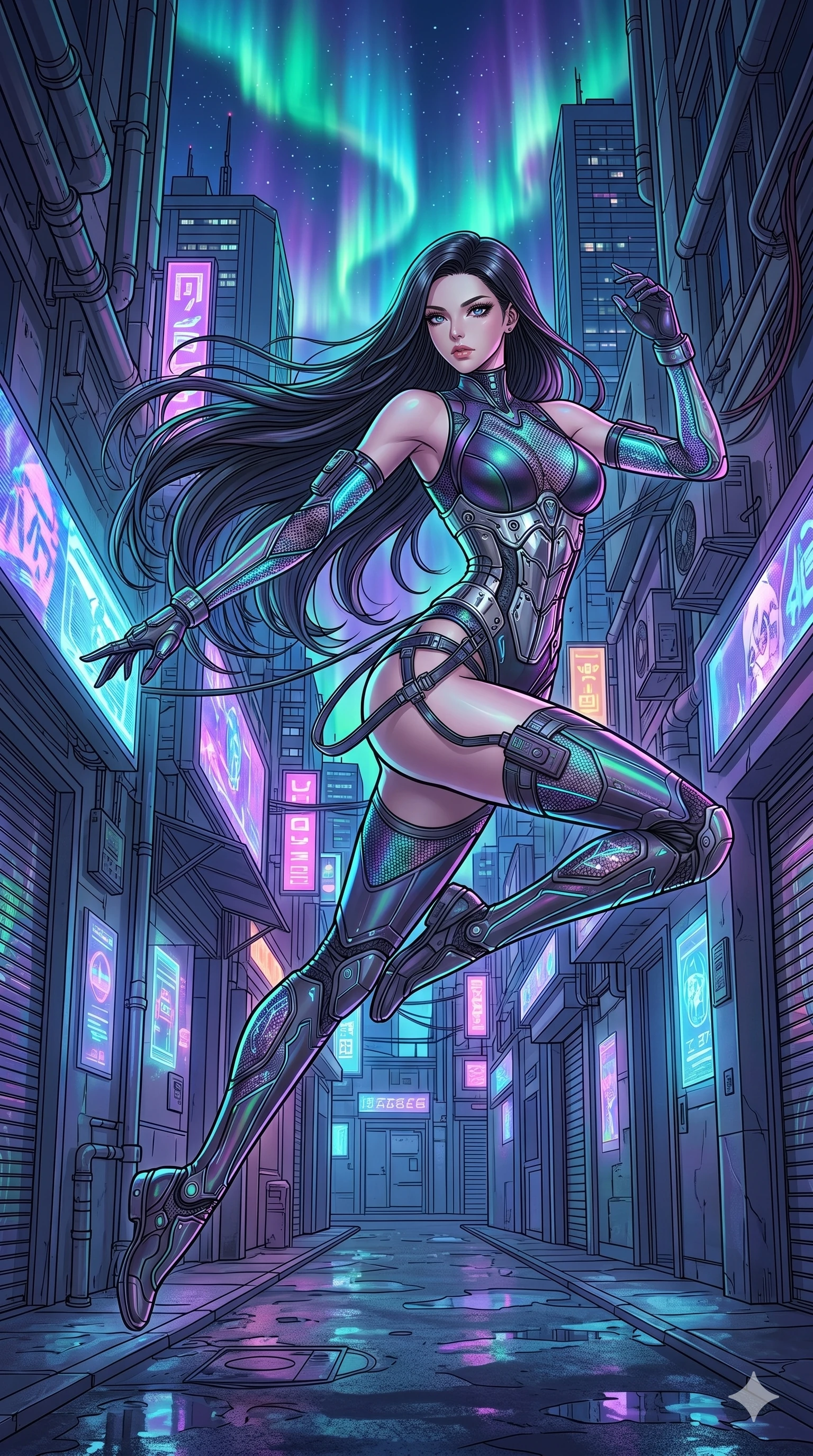 score_9, masterpiece, best quality, ultra-detailed, high-budget anime movie keyframe, cinematic anime lighting, intricate line art, Caucasian (strictly human ears) anime girl. Dynamic full-body shot stretching the vertical silhouette across the 9:16 frame. leaping gracefully in a neon-lit cyberpunk alleyway amidst aurora borealis. She has an absolutely perfect 8-heads proportion, an exceptionally tall and slender female figure with an ultra-slim waist and impossibly long slender legs. sharp v-shaped jawline, high-bridge nose, intricate jewel-like eyes, thick eyelashes, glossy lips. Wearing asymmetrical high-cut tech-bodysuit with detached glowing sleeves, chrome-plated mechanical corset, and bioluminescent mesh panels clinging to her slender figure. The scene is illuminated by dramatic atmospheric lighting and vibrant color palettes. 2k, ultra detail, master piece, 9:16 ratio