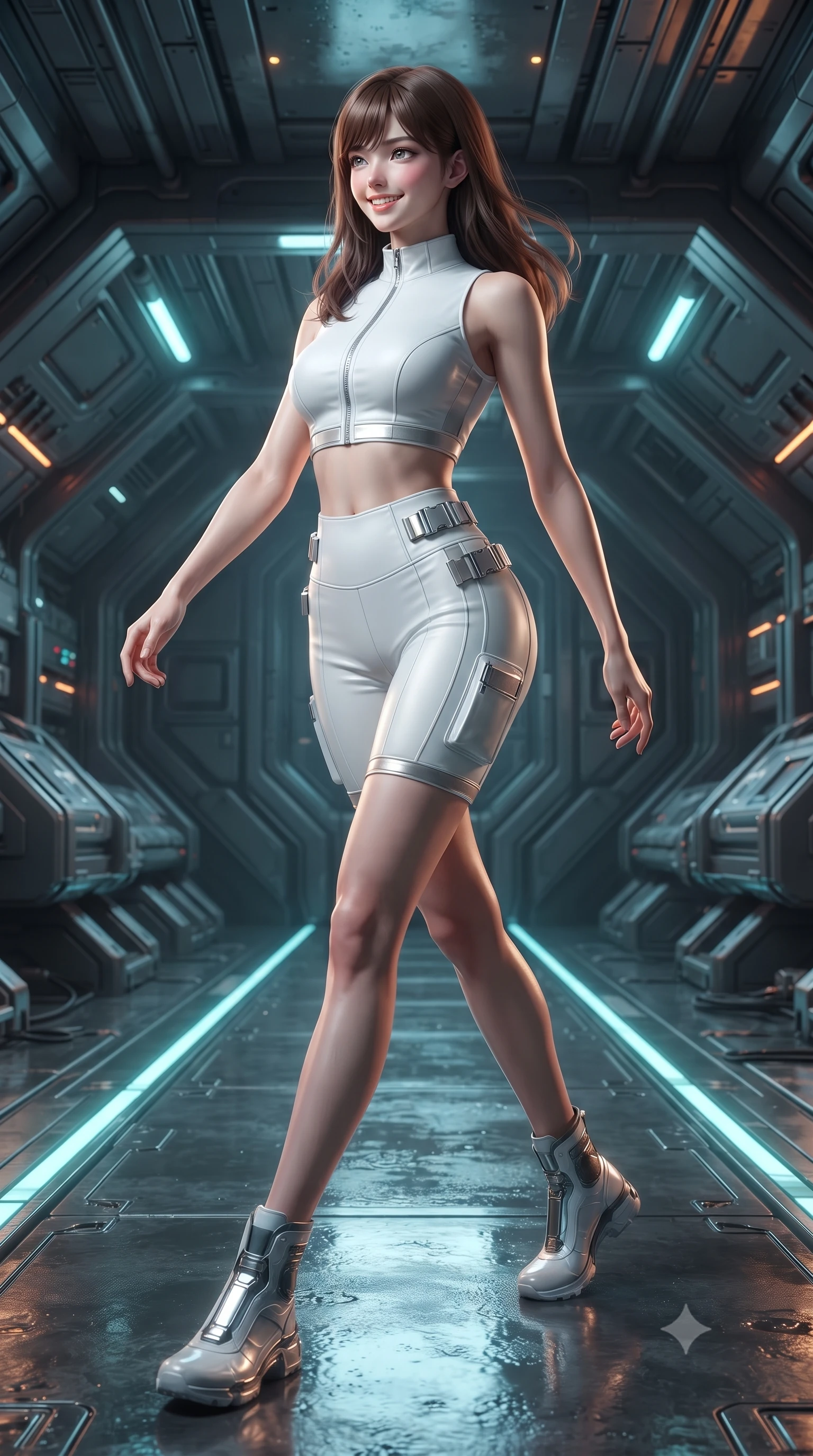 score_9, masterpiece, best quality, ultra-detailed, high-budget anime keyframe, editorial fashion photography, tasteful artistic composition, Korean woman. low angle full-body shot from head to toe showing her feet, filling the entire 9:16 vertical frame with her statuesque presence, stretching her vertical silhouette. striding forward gracefully across the reflective metal deck in mid-motion with a radiant beaming smile, hips swaying in an alluring kinetic rhythm that accentuates her curvy hourglass silhouette and long slender legs while twisting her slender torso in an alluring S-curve on the catwalk, solar plasma radiation casting dynamic chiaroscuro shadows across her narrow waist and curvy hips. The surrounding environment is rendered in vivid detail and crisp panoramic clarity: detailed carbon suit weave, plasma specular reflections on armor plates, and starship engineering architecture in razor-sharp precision. She has an absolutely perfect, statuesque 8.5-heads proportion, an exceptionally tall and slender model-like female figure with impossibly long slender legs, an ultra-slim waist, a flat toned midriff, narrow delicate ribcage, and beautifully sculpted feminine hips creating a graceful, slim hourglass silhouette without any bulky heaviness. sharp v-shaped jawline, high-bridge nose, intricate jewel-like sparkling eyes with depth, thick eyelashes, glossy parted lips with a natural sheen, bright confident smile with an enchanting and coquettish sensual glint, exuding both youthful magnetic charm and sovereign high-tech allure, flawlessly proportioned anatomical accuracy, strict slender model proportions, natural body alignment, perfectly sculpted long slender limbs, ultra-slim waistline, clean dynamic posture without body distortion. wearing a sleek two-piece combat athletic set with a zip-front mock-neck crop top and contouring biker shorts hugging her curvy hips in pure alabaster white and brushed silver accents, made of supple second-skin compression stretch jersey clinging flawlessly to her form, finished with polished chrome buckle hardware and modular magnetic holster clasps, the high-waisted tailoring accentuating her ultra-slim waistline and the enchanting curve of her feminine hips with alluring dark charm. illuminated by cool cyan emergency floor guides and sharp amber rim lighting sculpting her razor-sharp jawline, narrow waist, and curvy hips. ultra-reflective glossy finish, specular highlights, rich textural contrasts, high-contrast stereoscopic depth, volumetric dynamic lighting, 2k, ultra detail, master piece, 9:16 ratio