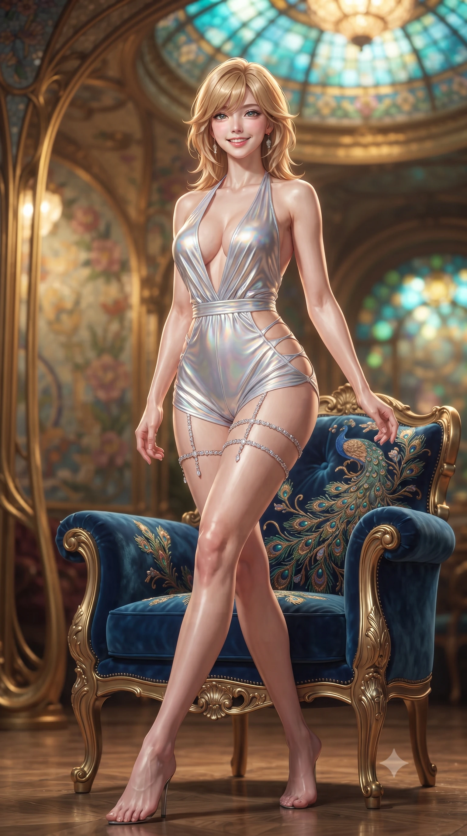 score_9, masterpiece, best quality, ultra-detailed, high-budget anime keyframe, editorial fashion photography, tasteful artistic composition, Korean woman. low angle full-body shot from head to toe showing her feet, filling the entire 9:16 vertical frame with her statuesque presence, stretching her vertical silhouette. stepping slowly toward the camera with hypnotic grace, hips swaying in an alluring sensual rhythm that accentuates her curvy hourglass silhouette and long slender legs while sitting gracefully on the peacock-embroidered velvet armchair with legs crossed, her statuesque 8.5-heads silhouette commanding the sanctuary. The background shows a soft-focus sinuous gilded Art Nouveau whiplash curves, floral mosaic murals, and glowing stained-glass dome panels blurred into turquoise, gold, and jade bokeh. She has an exceptionally tall and slender model-like 8.5-heads proportion, an ultra-slim waist, a flat toned midriff, narrow delicate ribcage, and beautifully sculpted feminine hips creating a graceful, slim hourglass silhouette without any bulky heaviness, with impossibly long slender legs. sharp v-shaped jawline, high-bridge nose, intricate jewel-like sparkling eyes with depth, thick eyelashes, glossy parted lips with a natural peach sheen, bright cheerful beaming smile with an enchanting and coquettish sensual glint, exuding both youthful cute charm and seductive allure, flawlessly proportioned anatomical accuracy, strict slender model proportions, natural body alignment, perfectly sculpted long slender limbs, ultra-slim waistline, clean dynamic posture without body distortion. wearing a daring low-cut halterneck romper with exposed midriff and strappy hip cutouts in liquid molten silver and iridescent mother-of-pearl, made of fluid liquid jersey with seamless sculpting hold and smooth contours, finished with delicate crystal-encrusted thigh garter straps glinting in the dim light, the liquid-tight tailored fabric clinging flawlessly to her narrow waist and rounded feminine hips, emphasizing every millimeter of her sculpted slim hourglass curves without any bulky heaviness. bathed in the warm golden 2700K incandescent chandelier glow mixed with prismatic colored beams filtering through stained glass. ultra-reflective glossy finish, specular highlights, rich textural contrasts, high-contrast stereoscopic depth, volumetric dynamic lighting, 2k, ultra detail, master piece, 9:16 ratio