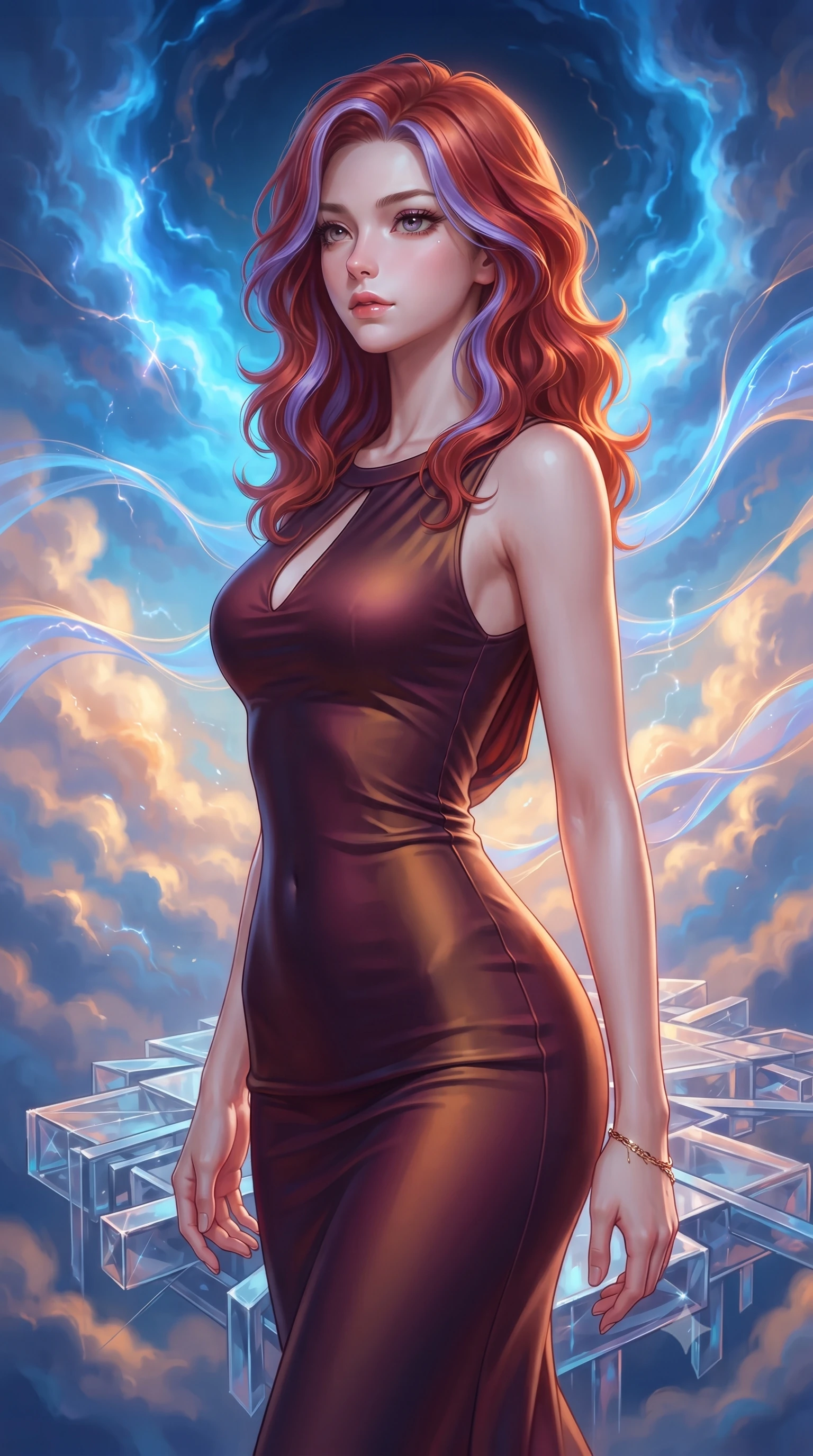 score_9, masterpiece, best quality, ultra-detailed, high-budget anime keyframe, editorial fashion photography, tasteful artistic composition, Caucasian woman. close-up cowboy shot from the waist and thighs up, the character dominates the composition, filling the frame with her large presence, background elements kept in soft focus. Gazing past the camera with an air of effortless elegance and mysterious confidence poised on a sky platform as gentle internal lightning flashes illuminate cloud walls, fine cloud threads weaving together into fluid ribbons in mid-air. She has an exceptionally elegant, slender, and willowy female figure with an ultra-slim waist, a gracefully sculpted slender torso, and a refined silhouette. sharp v-shaped jawline, high-bridge nose, intricate jewel-like eyes with depth, thick eyelashes, glossy lips with a natural sheen. wearing a precision-fitted liquid jersey bodycon dress with a draped back in deep burgundy and bronze, crafted from smooth liquid silk, accented with a Tasteful chest slit framing her clavicle gracefully, the sleek second-skin texture accentuating her magnetic presence. bathed in a dual-tone palette of electric blue and warm amber sky rays. highly saturated vibrant anime colors, detailed shading with soft gradients, rich glossy textures, high-contrast stereoscopic depth, volumetric dynamic lighting, master piece, 9:16 ratio