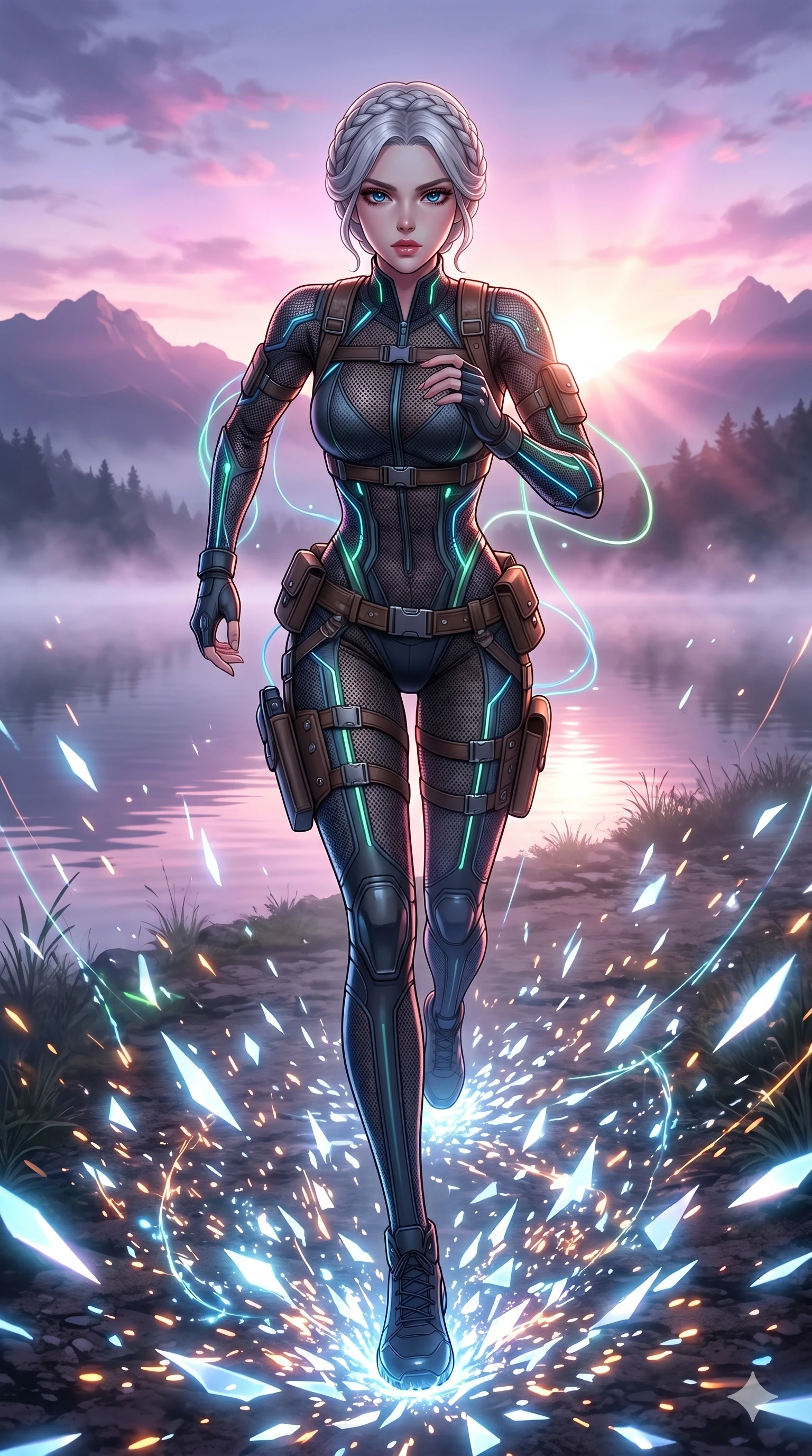 score_9, masterpiece, best quality, ultra-detailed, Set A: High-budget Anime Keyframe, Japanese woman. Low angle cowboy shot filling the entire 9:16 frame with her statuesque presence. Sprinting through a misty lakeside at dawn, as the ground beneath her turns into 261 shards of light and surrounded by glowing energy sparks. She has an absolutely perfect 8-heads proportion, an exceptionally tall and slender female figure with impossibly long slender legs and an ultra-slim waist. Sharp v-shaped jawline, high-bridge nose, intricate jewel-like eyes with depth, thick eyelashes, glossy lips with a natural sheen. Wearing Tactical mesh bodysuit with integrated glowing data-cables and leather pouches. Cinematic lighting, vibrant colors, dramatic shadows, 2k, ultra detail, master piece, 9:16 ratio