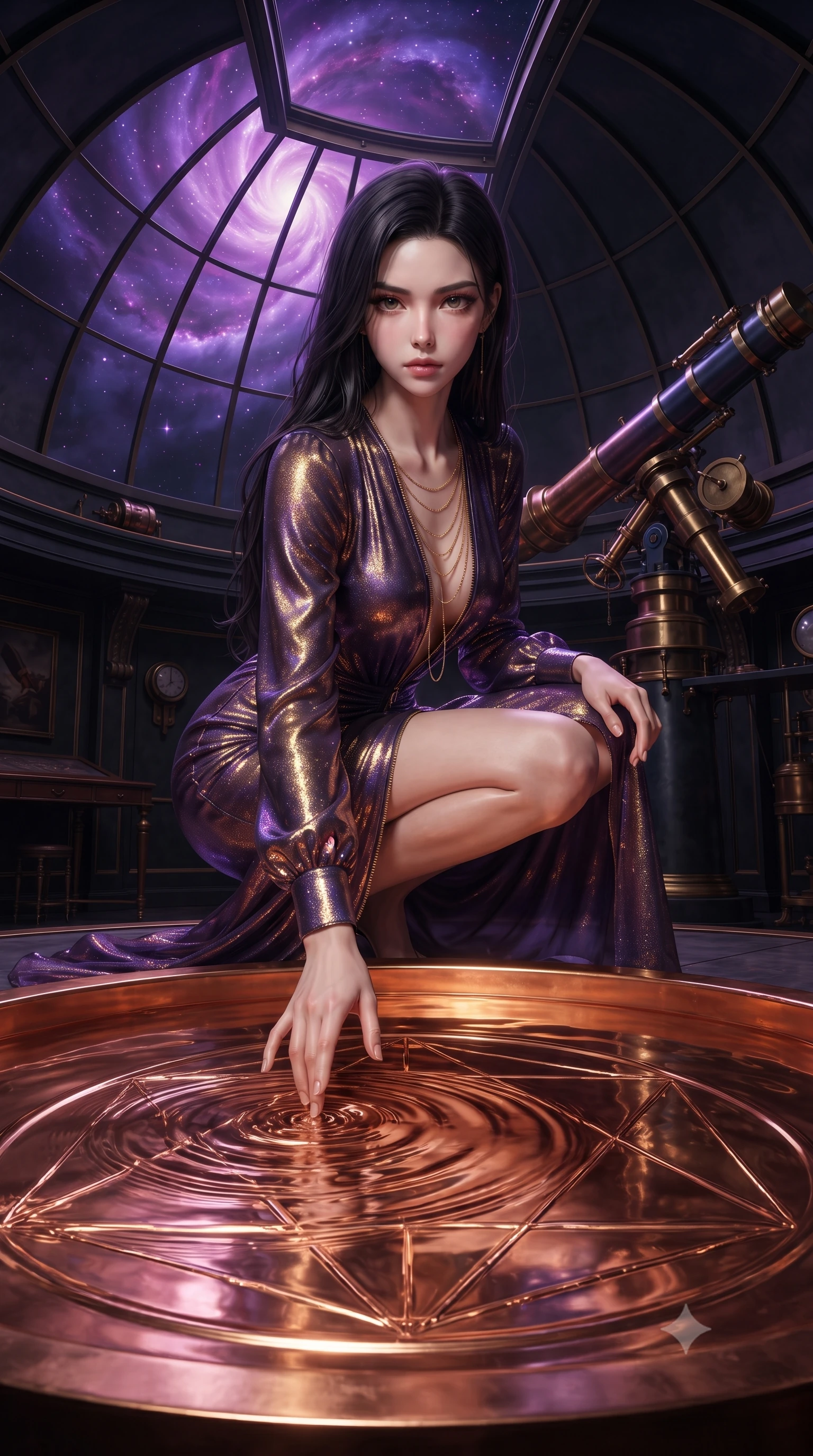score_9, masterpiece, best quality, ultra-detailed, High-budget Anime Keyframe, editorial fashion photography, tasteful artistic composition, realistic cosplay photography, East Asian woman. Dynamic full-body shot stretching the vertical silhouette to the limit. Scenario 372: tracing geometric patterns in a pool of warm liquid copper inside a high-altitude observatory dome under a swirling violet nebula. Her presence is magnetic and overpowering in this high-budget cinematic scene. Outfit 372: a body-hugging shimmering chiffon long with a unzipped detail and fine gold chains. The clothing is designed to emphasize her exceptionally tall and slender 8-heads proportion. 8-heads proportion, towering silhouette, ultra-slim waist. sharp v-shaped jawline, intricate jewel-like eyes with depth, thick eyelashes, glossy lips. ultra-reflective glossy finish, specular highlights, metallic sheen, high-contrast stereoscopic depth, volumetric dynamic lighting, 2k, ultra detail, master piece, 9:16 ratio