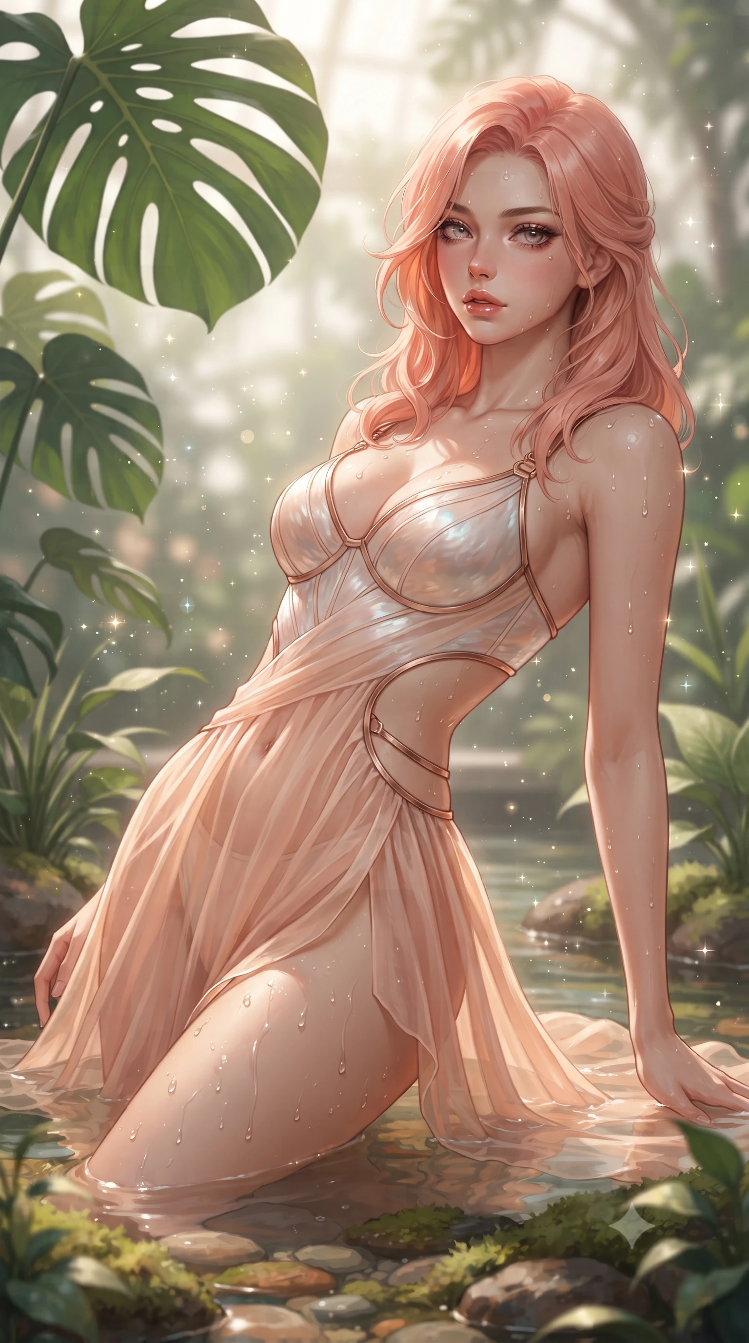 score_9, masterpiece, best quality, ultra-detailed, high-budget anime keyframe, editorial fashion photography, tasteful artistic composition, Japanese woman. close-up cowboy shot from the waist and thighs up, the character dominates the composition, filling the frame with her large presence. leaning back with relaxed seductive grace, her sculpted collarbones and narrow waist highlighted as she casts smoldering bedroom-eyes directly into the camera while wading lightly into the shallow warm botanical pool beneath towering monstera fronds, arching her spine in pure pleasure as water droplets bead on her hips. The composition keeps background elements in soft focus with creamy bokeh. shimmering pool caustics and floating pollen motes scattering ethereal luminescent sparkles. She has an exceptionally elegant, slender, and willowy female figure with an ultra-slim waist, a gracefully sculpted slender torso, toned flat midriff, and rounded feminine hips creating an alluring hourglass silhouette. sharp v-shaped jawline, high-bridge nose, intricate jewel-like eyes with depth, thick eyelashes, glossy parted lips with a natural sheen, intensely captivating and seductive bedroom-eyes expression, flawlessly proportioned anatomical accuracy, strict slender model proportions, natural body alignment, perfectly sculpted long slender limbs, ultra-slim waistline, clean dynamic posture without body distortion. wearing a sculpted mother-of-pearl bustier dress with curved diagonal midriff cutouts and brass hardware in pale peach blossom and brushed copper, woven from sheer cascading chiffon that ripples like water with every step, accented with water droplets glistening on her bare collarbones and hips, the precision-cut side openings and low-back scoop framing her graceful spine and the sensual sweep of her hips. surrounded by an otherworldly, sensual, and exquisitely pure water-lily nymph aura. ultra-reflective glossy finish, specular highlights, rich textural contrasts, high-contrast stereoscopic depth, volumetric dynamic lighting, 2k, ultra detail, master piece, 9:16 ratio